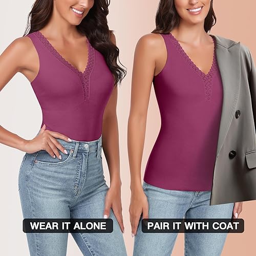 Miniatura 6 de WOWENY Camiseta sin mangas de forro polar térmico para mujer, cuello en V, camisola de encaje, capa base cálida, camisola, chaleco de camisola, ropa