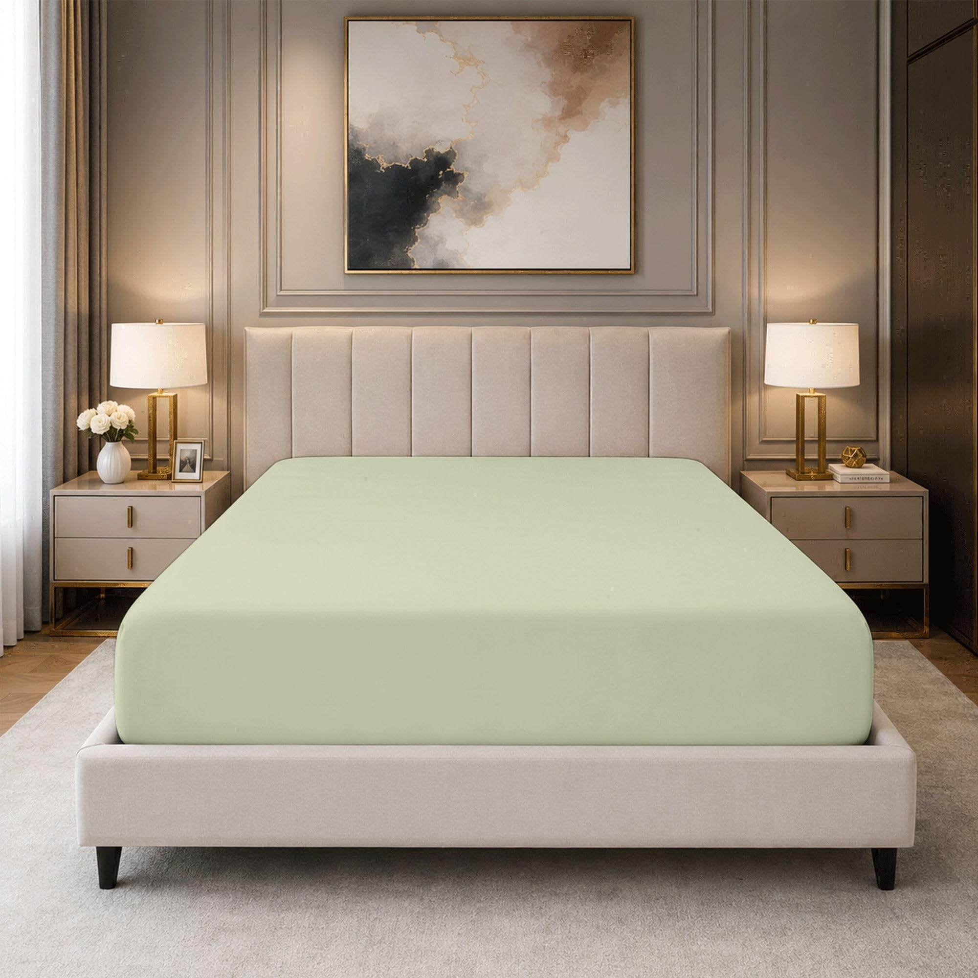 Bloombedding Cream 100% Egyptian Cotton Single Sheet, 40Cm Fitted Sheets, 400 Thread Count Bed Sheet, Extra Deep Pocket, Soft Breathable Bedding, Elasticated Fit