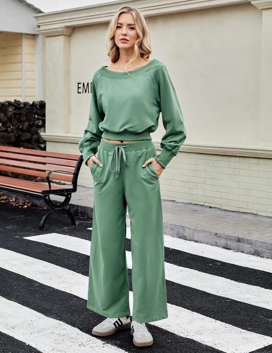 Women's 2 Piece Outfits Lounge Matching Set Off Shoulder Sweatshirt Long Sleeve Top Wide Leg Sweatpant Tracksuits Sets - Image 4