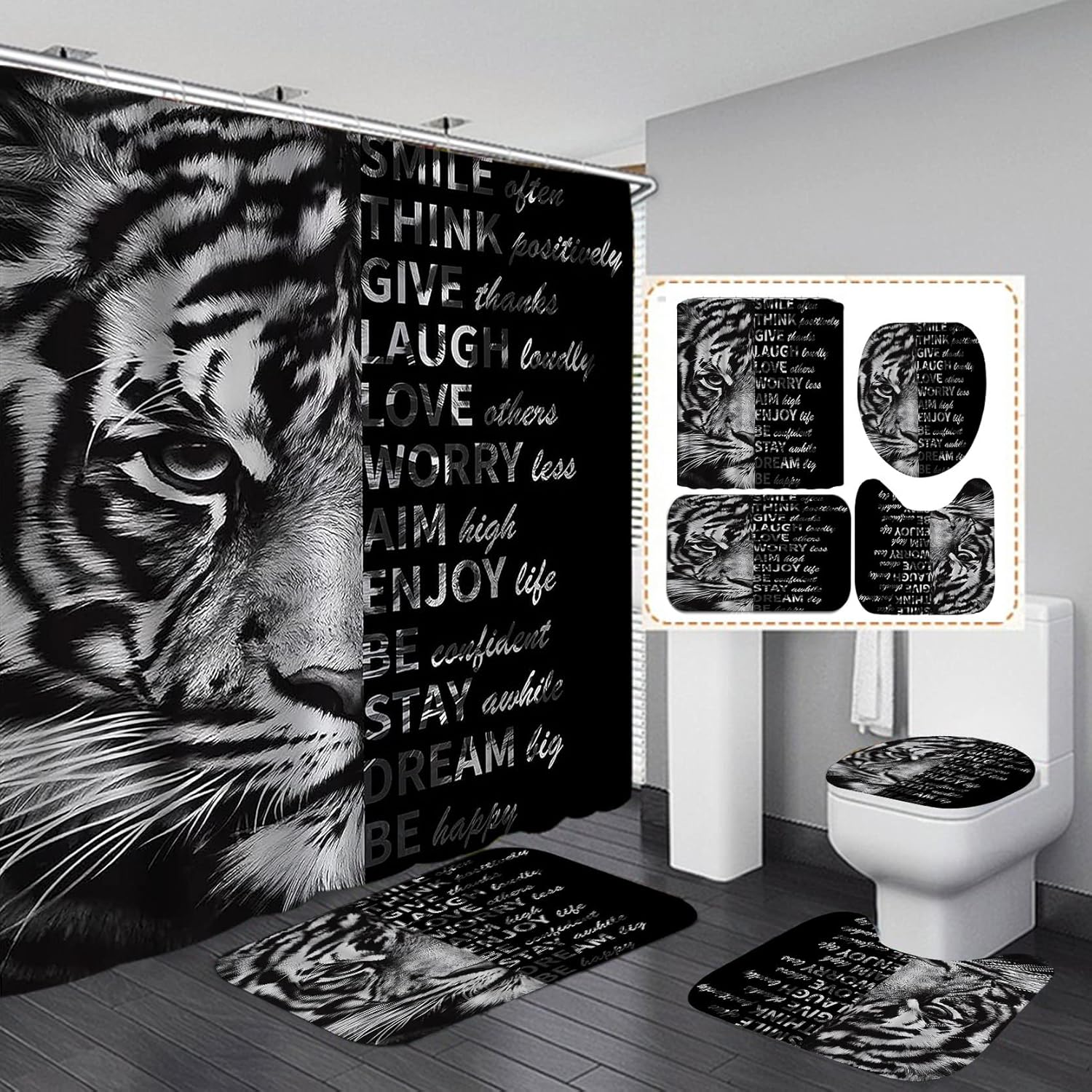 OLEBETY 4PCS/Set Majestic Tiger Shower Curtain, Black White Art Tiger Head Wild Animal Inspirational Quotes Bathroom Decor, Waterproof Fabric Shower Curtain, Non-Slip Bath Rugs Toilet Mats, Dream Big