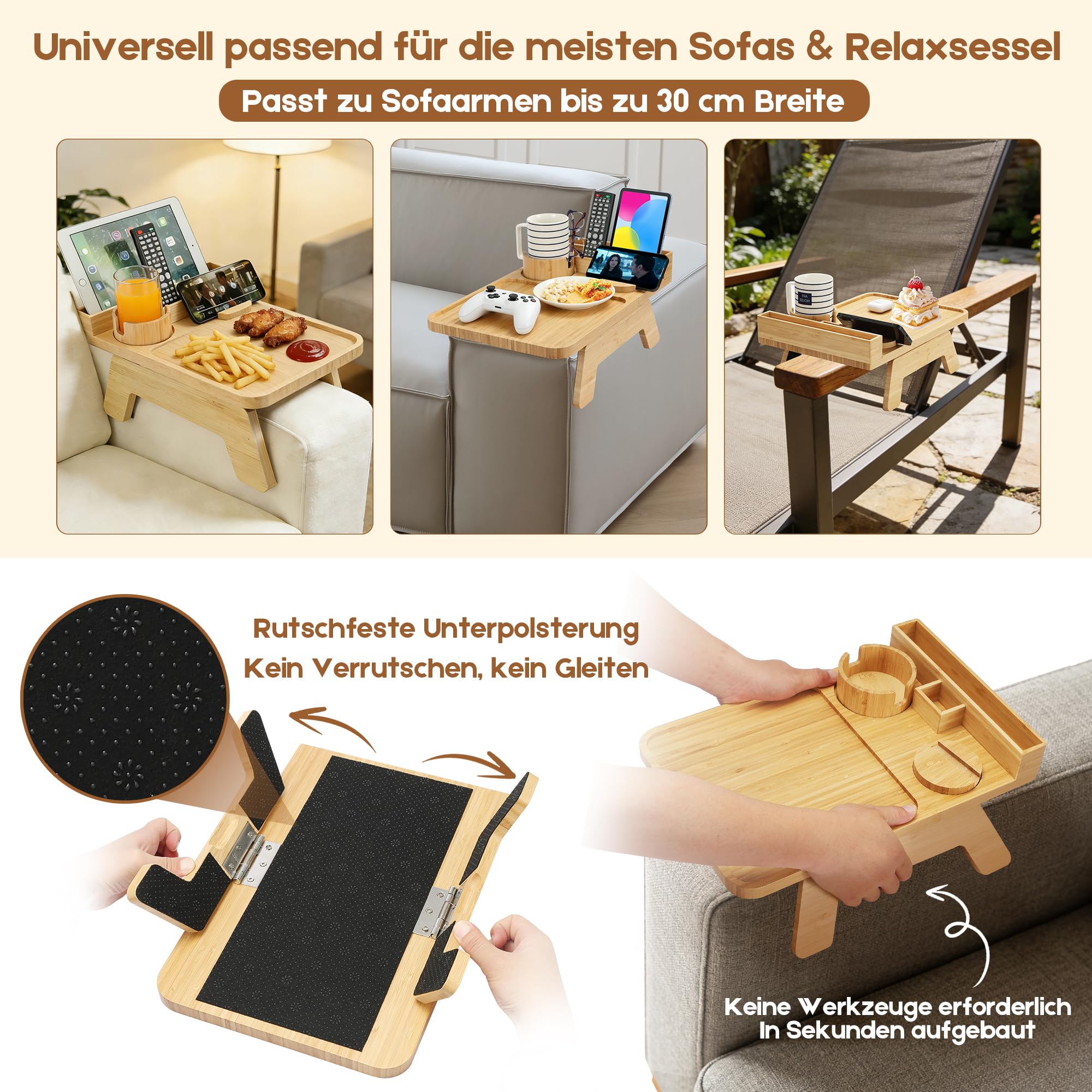 Bambus Sofa Armlehnen Tablett - Rutschfestes Couch Tablett Armlehne mit Becherhalter, Handyhalterung & Stauraum, Universal Armlehnen Organizer für Sofa, Sessel & Liegestuhl