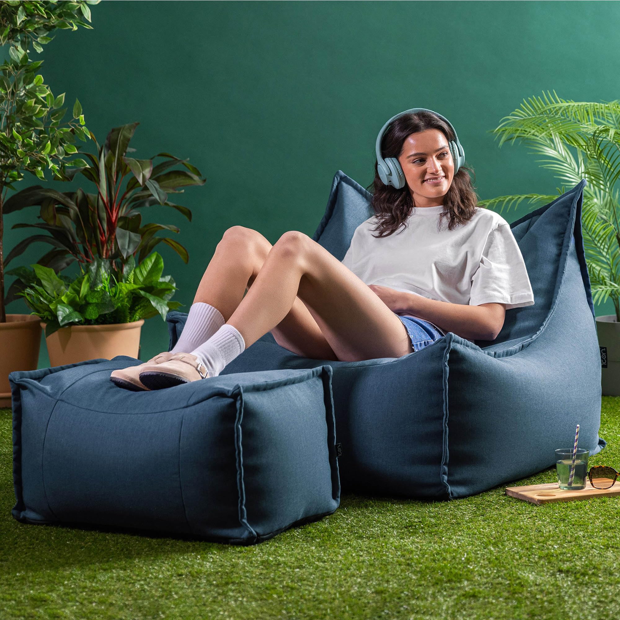 icon Alto Pouf Poltrona Sacco con Poggiapiedi, Blu Denim, Pouf de Esterno, Poltrona Sacco con Riempimento Incluso, Tessuto Resistente All'acqua, Sedia de Gardino, Mobili da Gardino, Terrazza