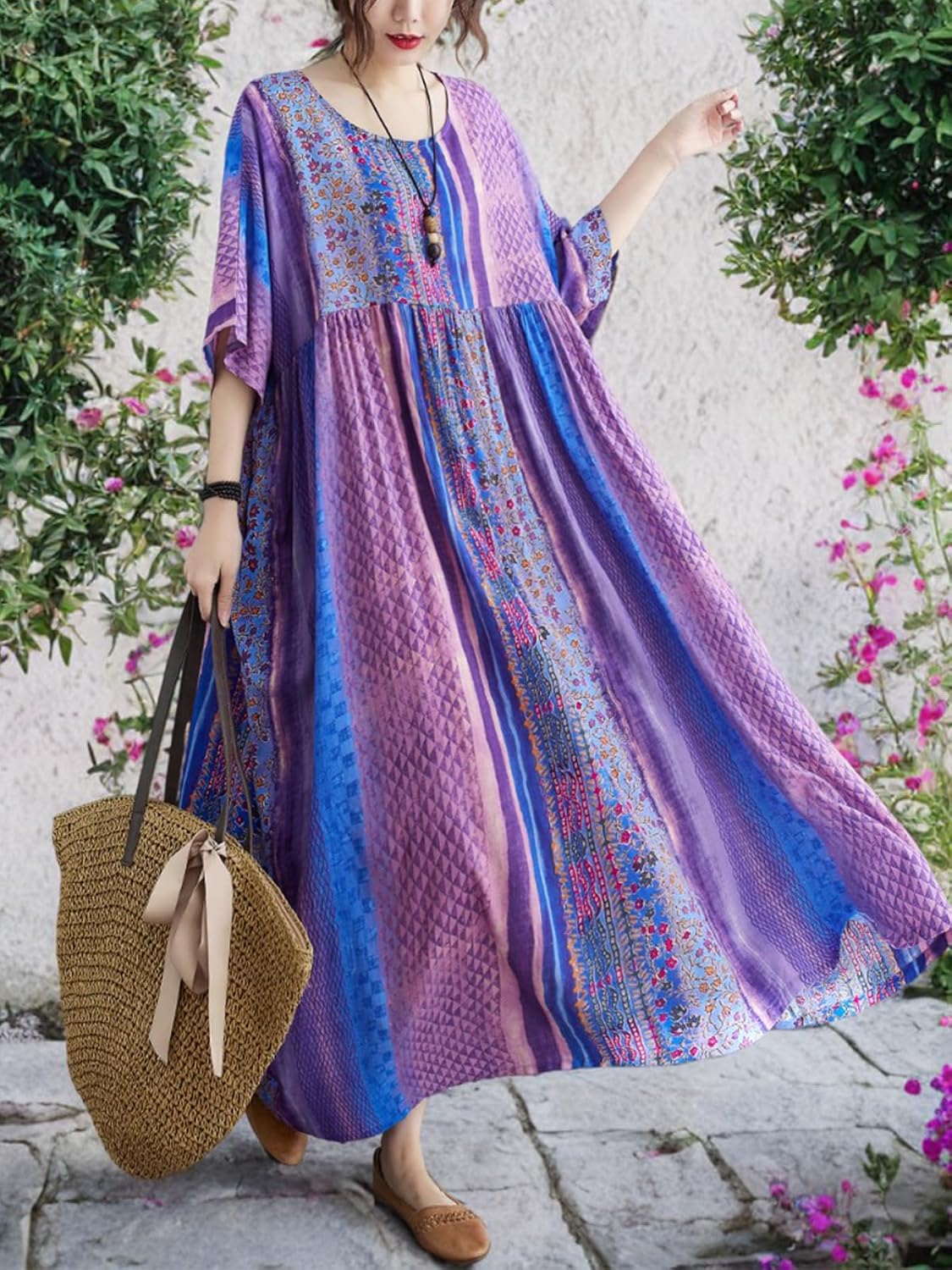 Women Summer Dress with Pockets Plus Size Boho Floral Print Round Neck Loose Casual Flowy Dress - Image 7