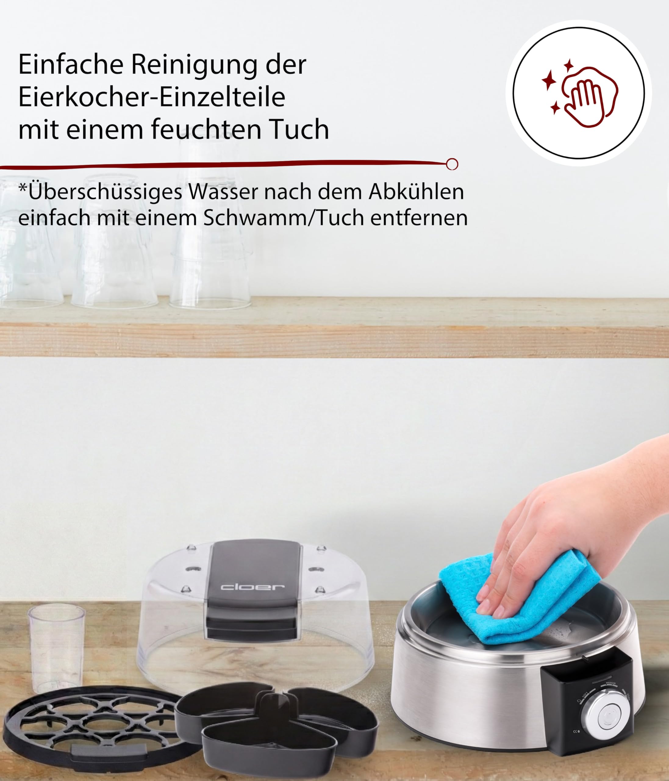 Cloer 6070 Elektronischer Eierkocher für bis zu 7 Eier, Weiterkochfunktion, akustische Fertigmeldung, 3 Pochierschalen, 435 W, Edelstahl