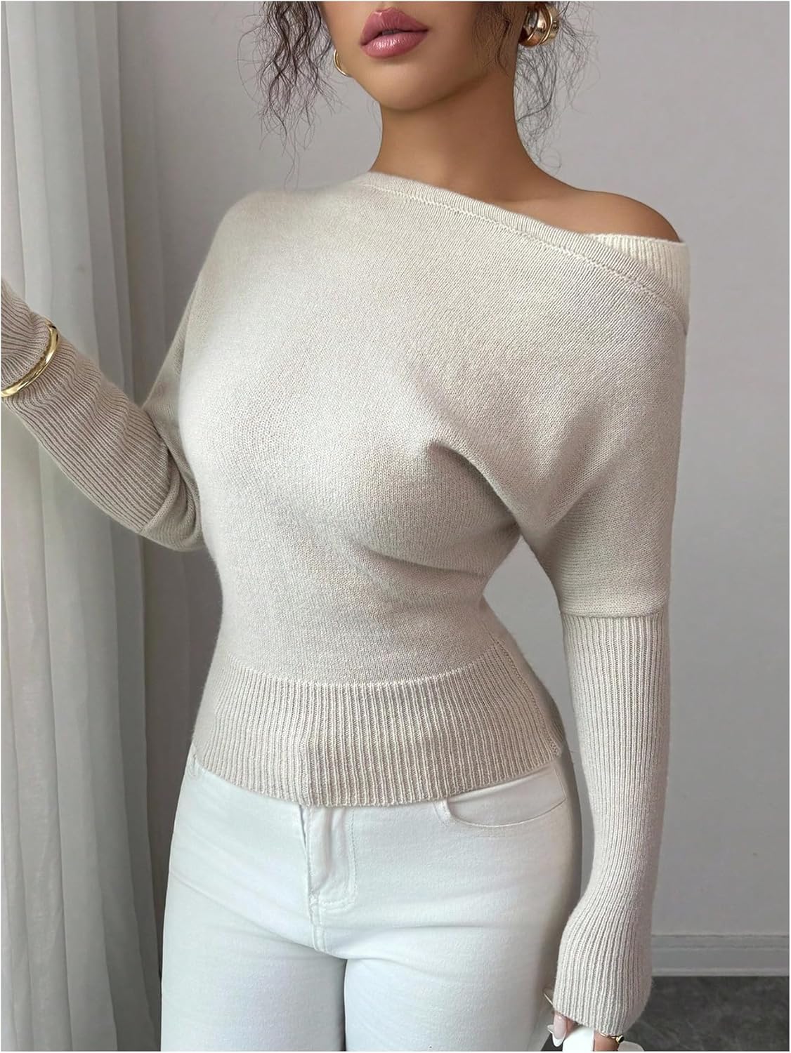WDIRARA Women's Asymmetrical Neck Sweater Long Sleeve Pullover Knit Tops - Image 6
