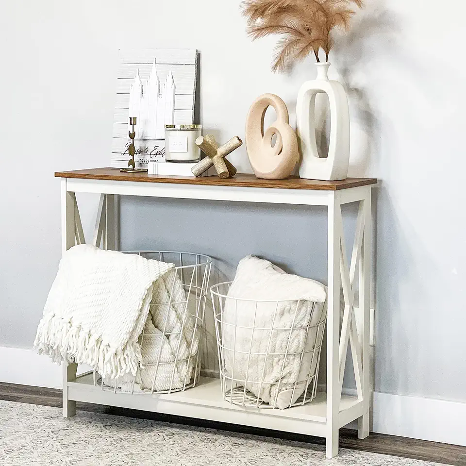 PHI VILLA White Entryway Table, Farmhouse Con...