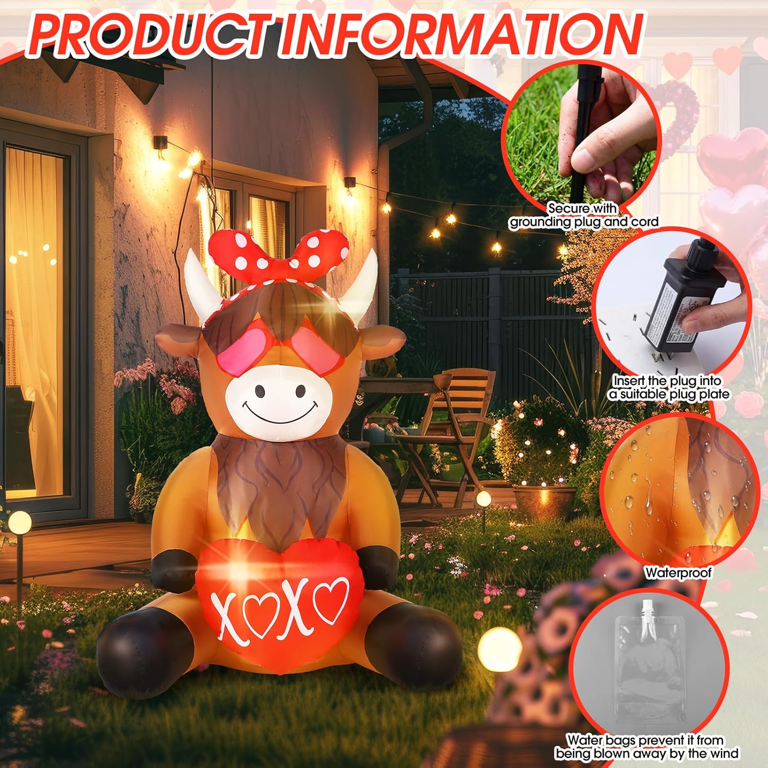 Soulchen Valentine's Day Inflatable Outdoor Decoration Highland Cow Holding a Heart 4ft Cute Valentines Blow up Decor Built-in LED Light for Yard Home Wedding Garden Lawn Party Supplies