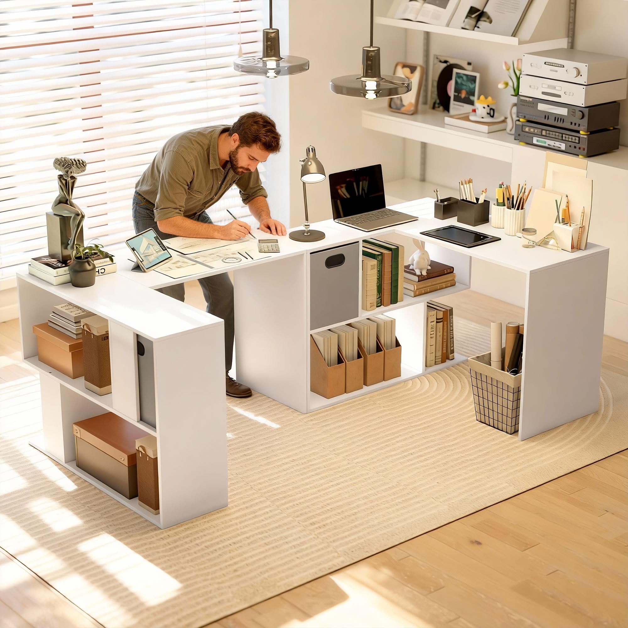 HOMCOM Scrivania Angolare per Computer 110x100 cm con Scaffale Bianco | Scrivania a L, Cassetto in Tessuto, Tavolo per PC, per Ufficio Studio e Camera da Letto, ad Angolo