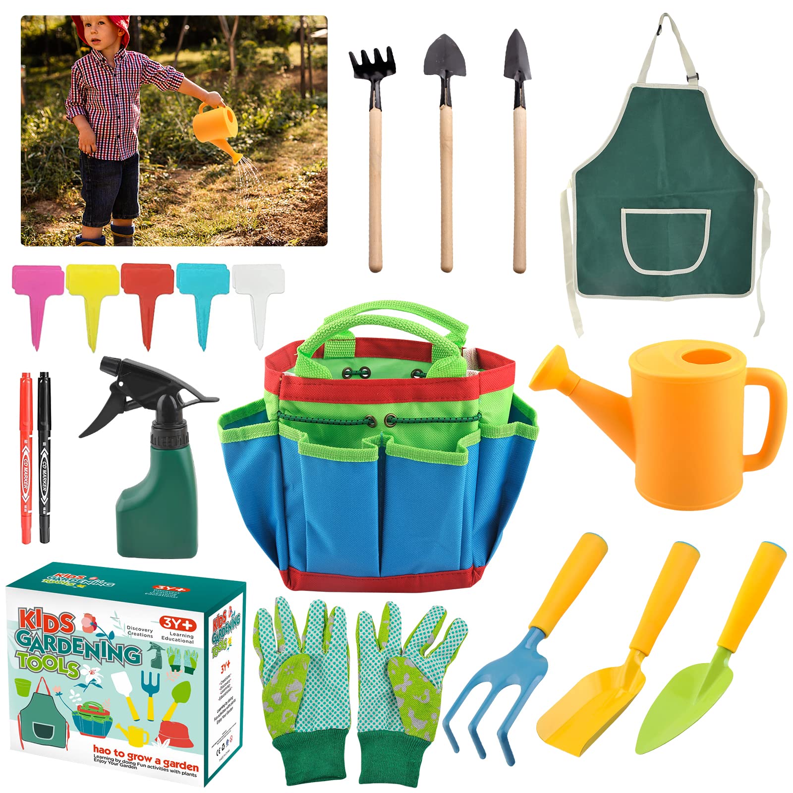 Mecctuck 23 Pièces Kit Jardinage Enfant, Outils Jardin Enfant, Outils de Jardinage pour Enfants, Jouet de Jardin Enfants avec Arrosoir,Gants,Râteau,Pelle, Déguisement Jardinie, Outils de Jardinage