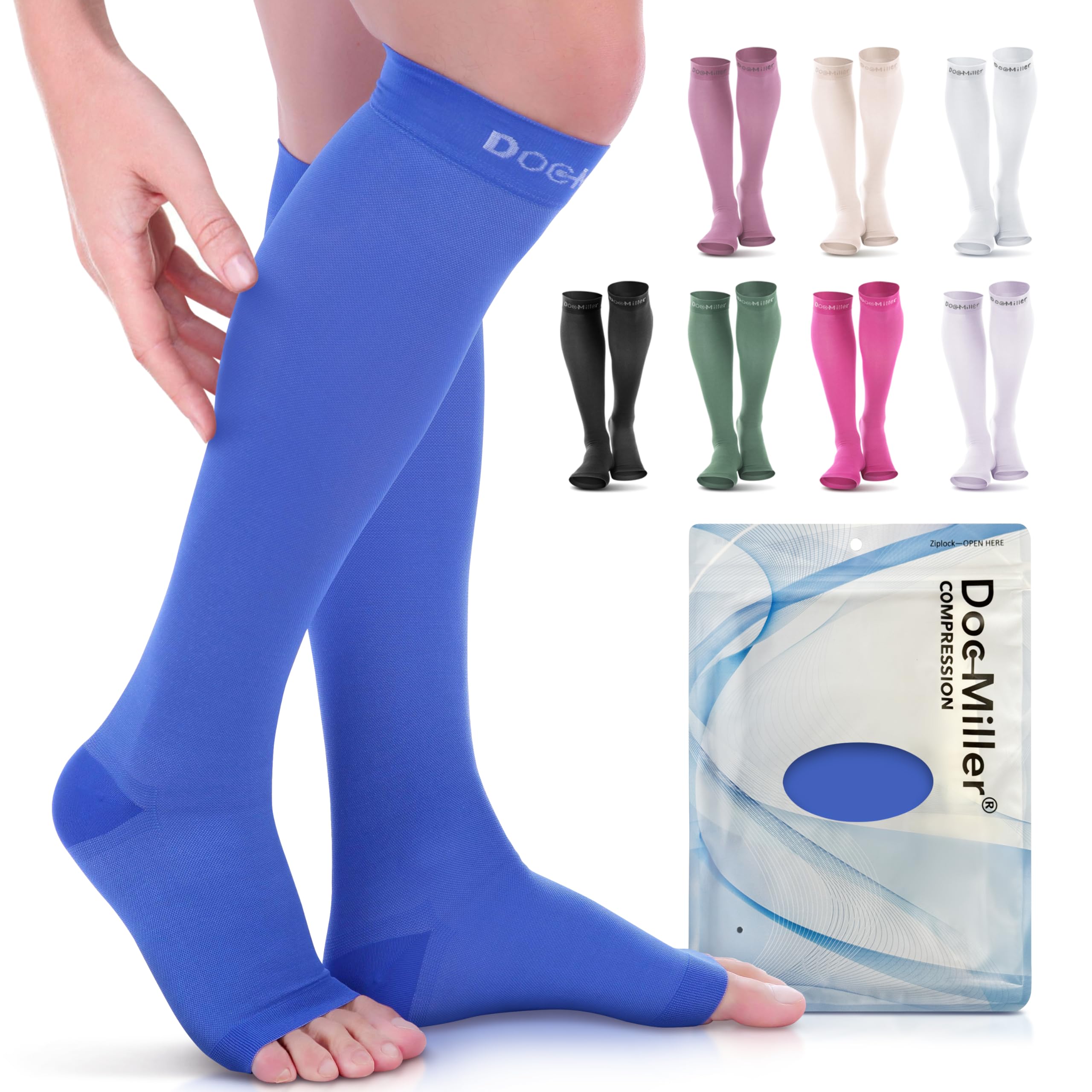Premium Calf Compression Sleeve 1 Pair 20-30mmHg Strong Calf Support Graduated Pressure for Sports Running Muscle Recovery Shin Splints Varicose Veins Doc Miller (Blue, Open Toe, X-Large)