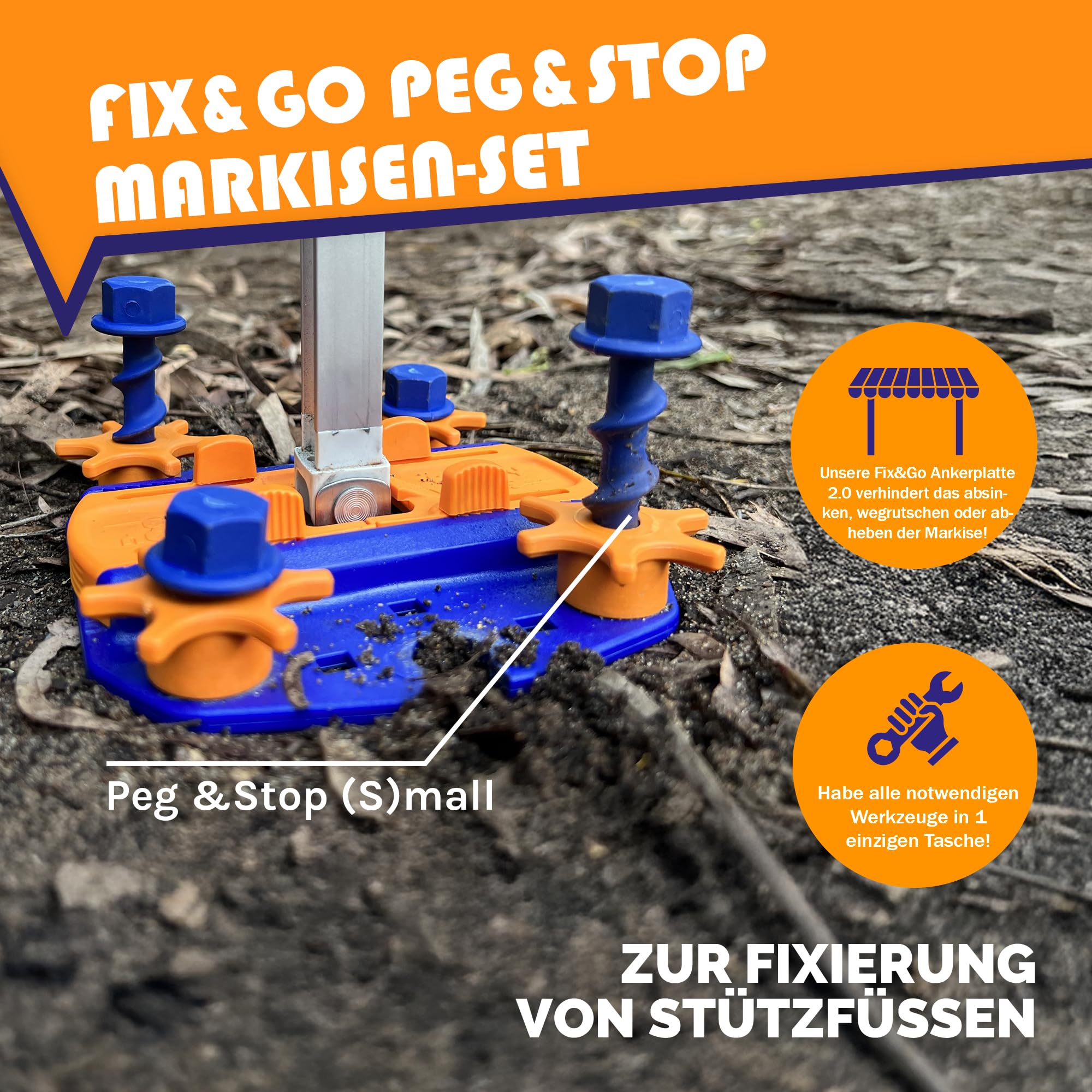 Peggy Peg – Markisenbefestigung Set mit Fix&Go Anker-Platten 2.0 & diversen Schraubheringen – Bodenhalterung zur Fixierung von Markisenfüßen & Zeltgestänge beim Camping – für weiche bis Harte Böden