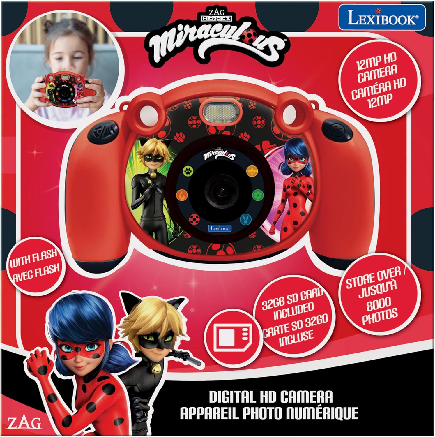 Lexibook, Miraculous Ladybug Cat Black, 4-in-1 Kids Camera, Photo, Video, Audio and Games, 32GB SD Card Included, DJ080MI, Red
