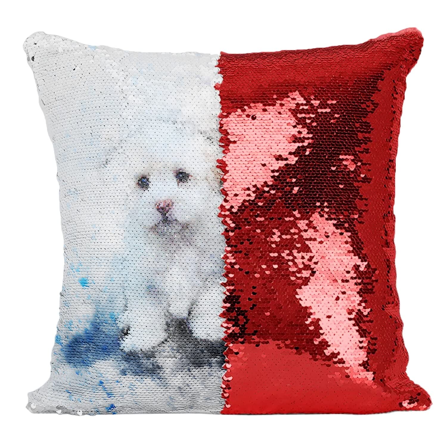 Coussin Sequin Chien et Chat Blanc en Peinture Caniche Rouge Art