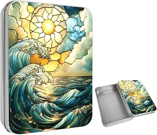 Metal Tin Box with Lid,Small Storage Container 4.9 x 3.5 x 1.5 Inches,Tin Can for Candies,Jewelry,Office Supplies,Crafts,Holiday Cards,Stained Glass Ocean Wave
