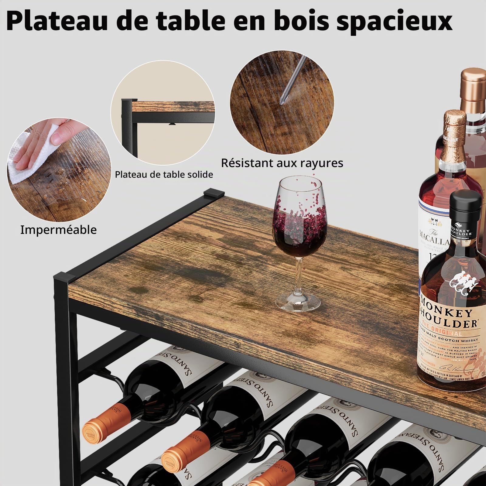 Urban Deco Range Bouteille pour 30 Bouteilles, Casier à vin Noir 59 x 30 x 89 cm, Casier à Bouteilles à 6 Niveaux en métal et Plateau en Bois, Casiers à Bouteille pour la Cuisine Bar Cave