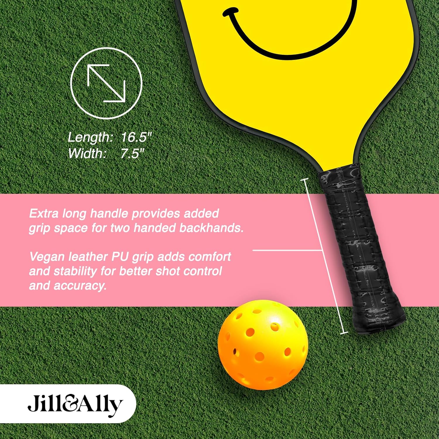 Jill & Ally Smiley Face Pickleball Paddle, Carbon Fiber Materials, 16.5” x 7.5", Extra Long Handle, Vegan Leather PU Grip, Unique Edge Guard All Skill Levels