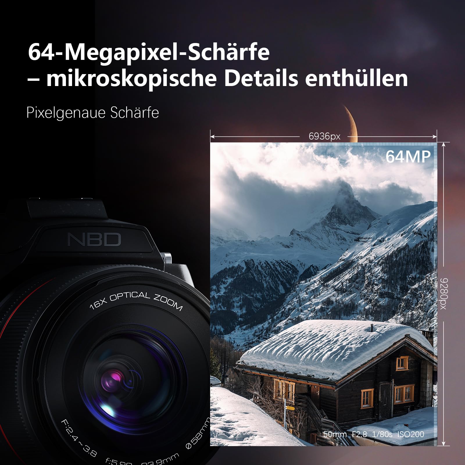 8K & 64MP Digitalkamera für Fotografie, 48X Zoom (16X Optisch + 3X Digital) mit Mondmodus, 180° Klappdisplay, WLAN, Micro-HDMI, inkl. 32GB TF-Karte & 2 Akkus – Vlogging Kamera für YouTube (Schwarz)