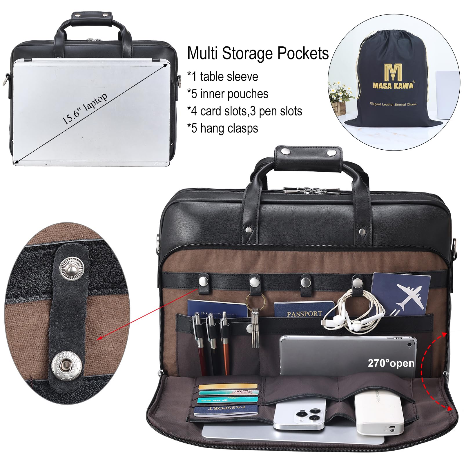 Black Leather Briefcase for Men 15.6 Inch Laptop Crossbody