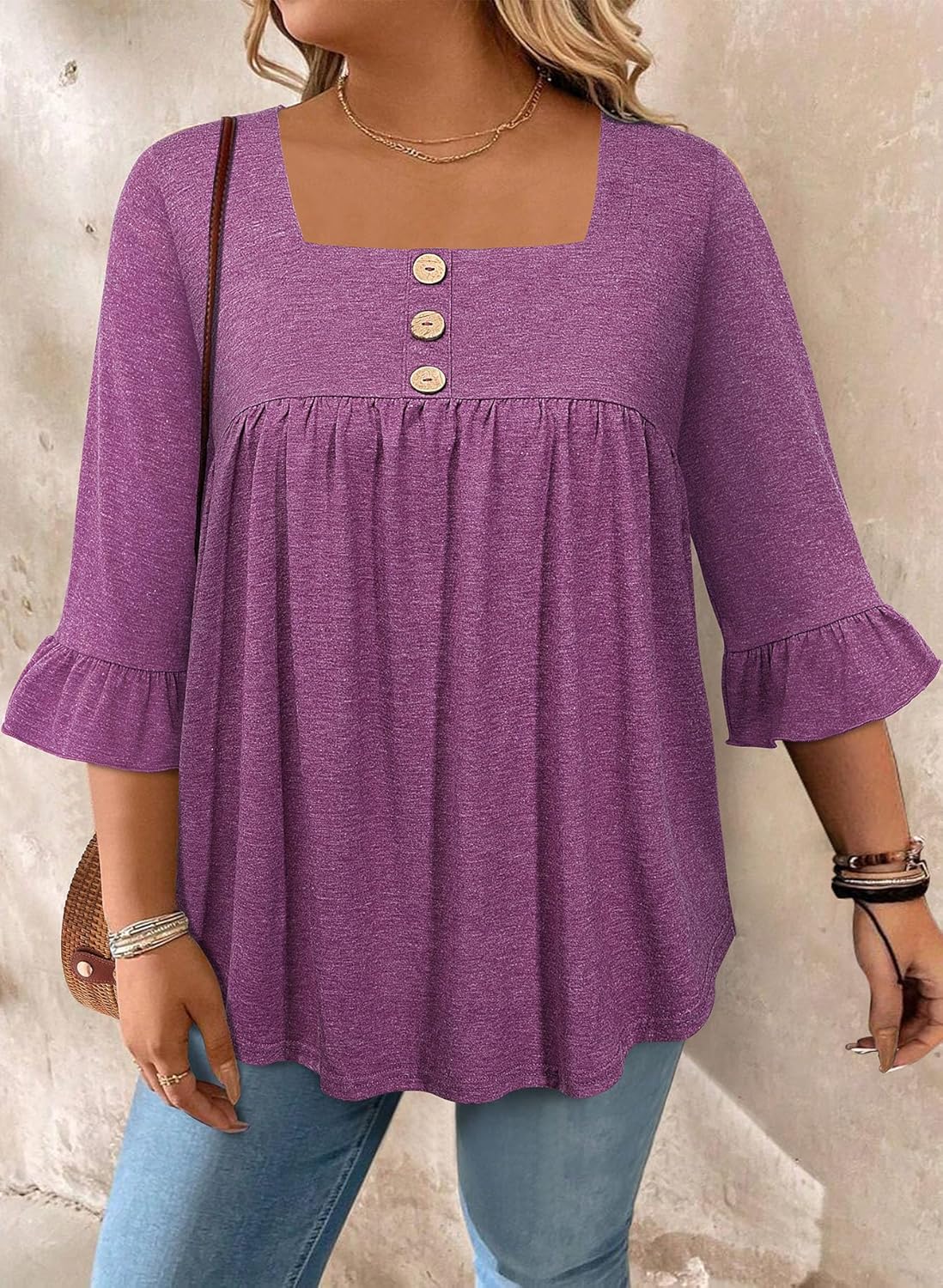 Siddhe Womens Plus Size Tops 3/4 Ruffle Sleeve Loose Fit Blouses Button Square Neck Shirt Casual Pleated Tunic Tops(1X-5X) - Image 4