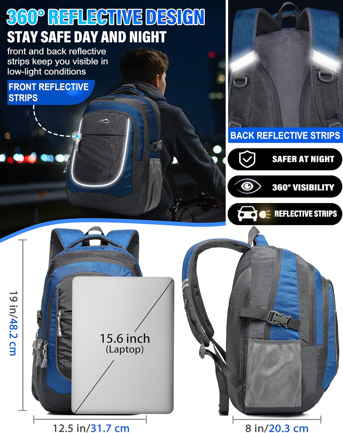ProEtrade Backpack Bookbag for College Sturdy Travel Business Hiking Fit Laptop Up to 15.6 Inch Multi Compartment Gifts for Men Women Night Light Reflective (Blue) image 4