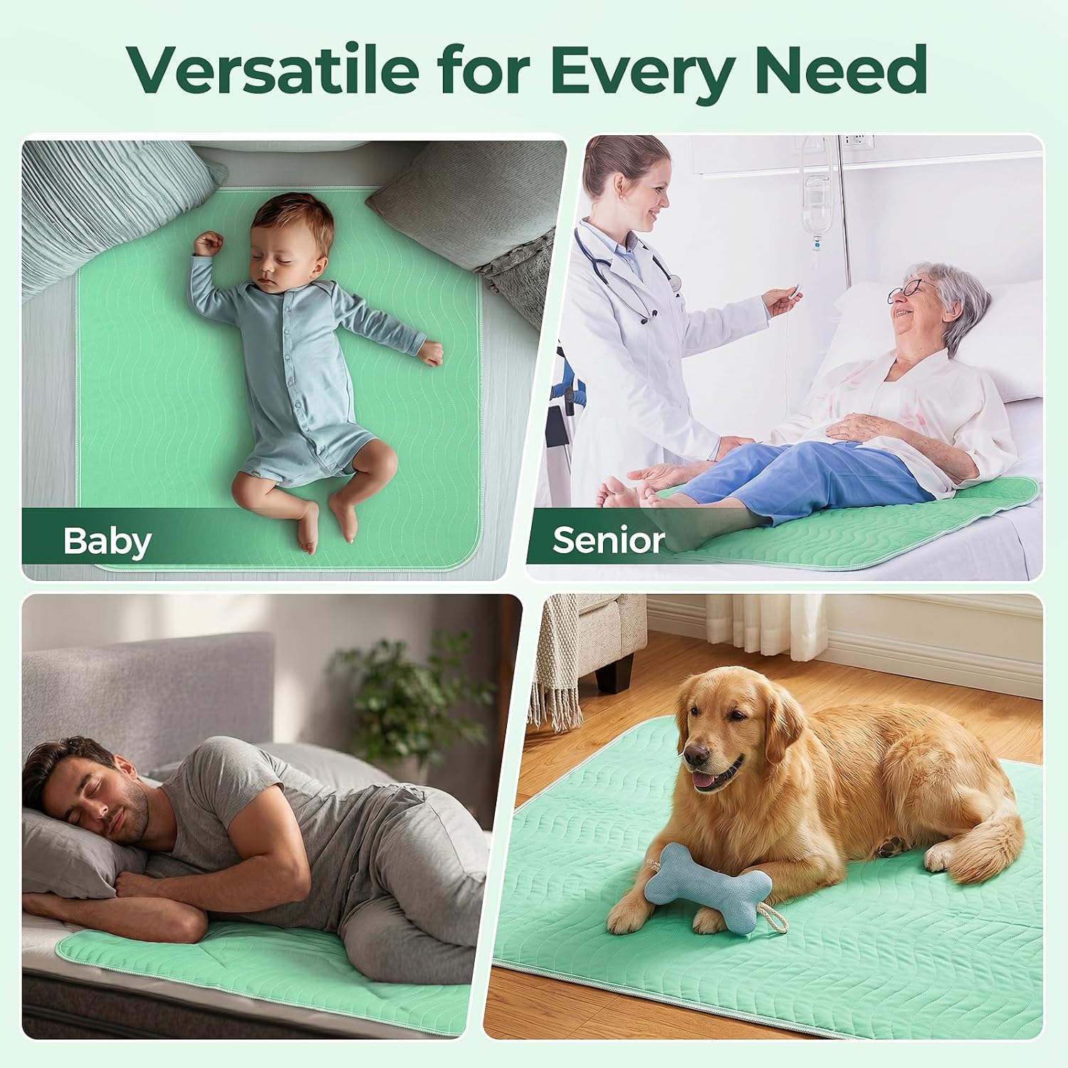 CareShield™ Washable Underpads 34” x 36”, Reusable Waterproof Bed Pads, Heavy Absorbency, Leak-Resistant, for Adults, Baby & Pets (24)