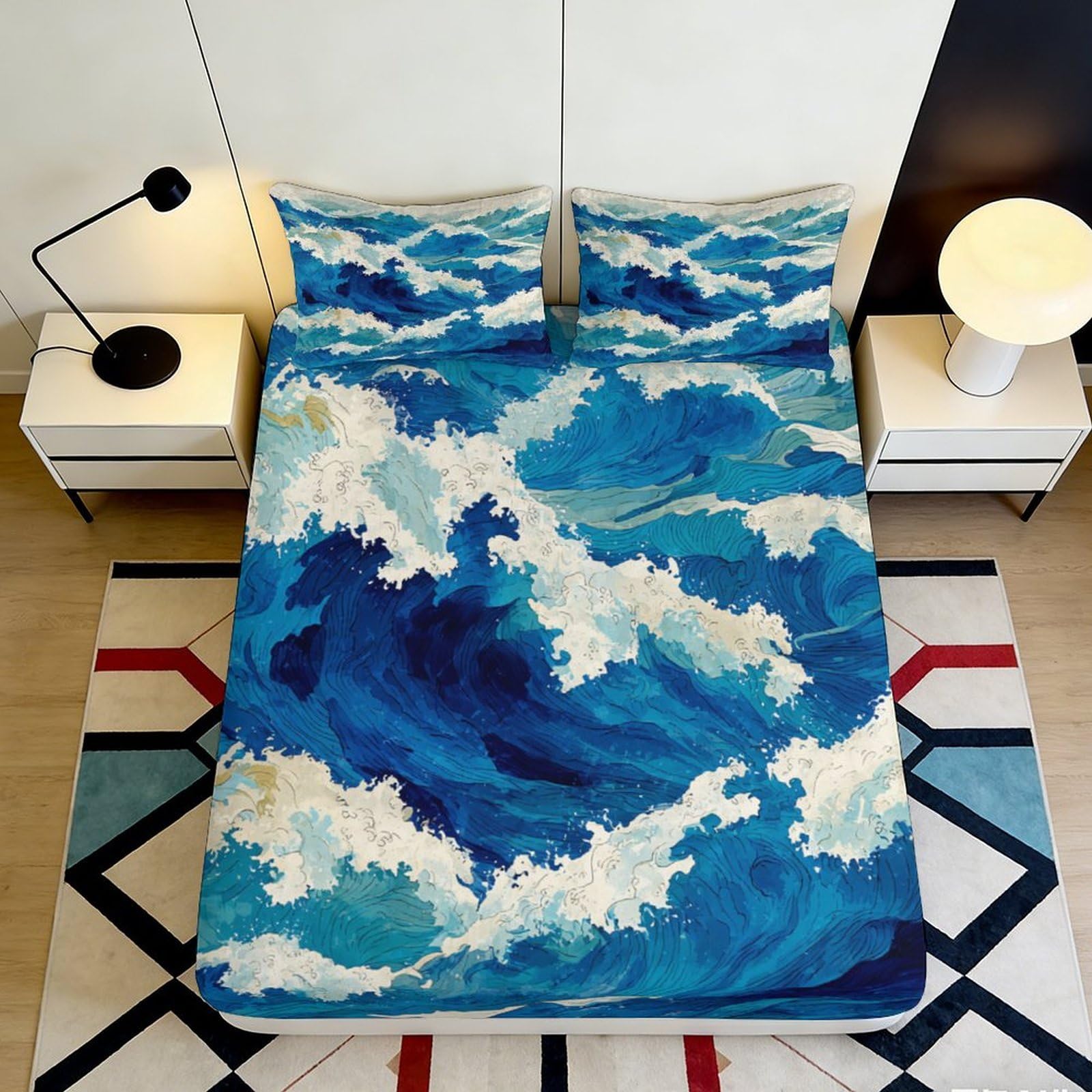 3D Printed Ocean Wave Fitted Sheet Microfiber Soft Breathable Blue Sea Art Mattress Cover for Bedroom Dorm Decor 140x200x25cm