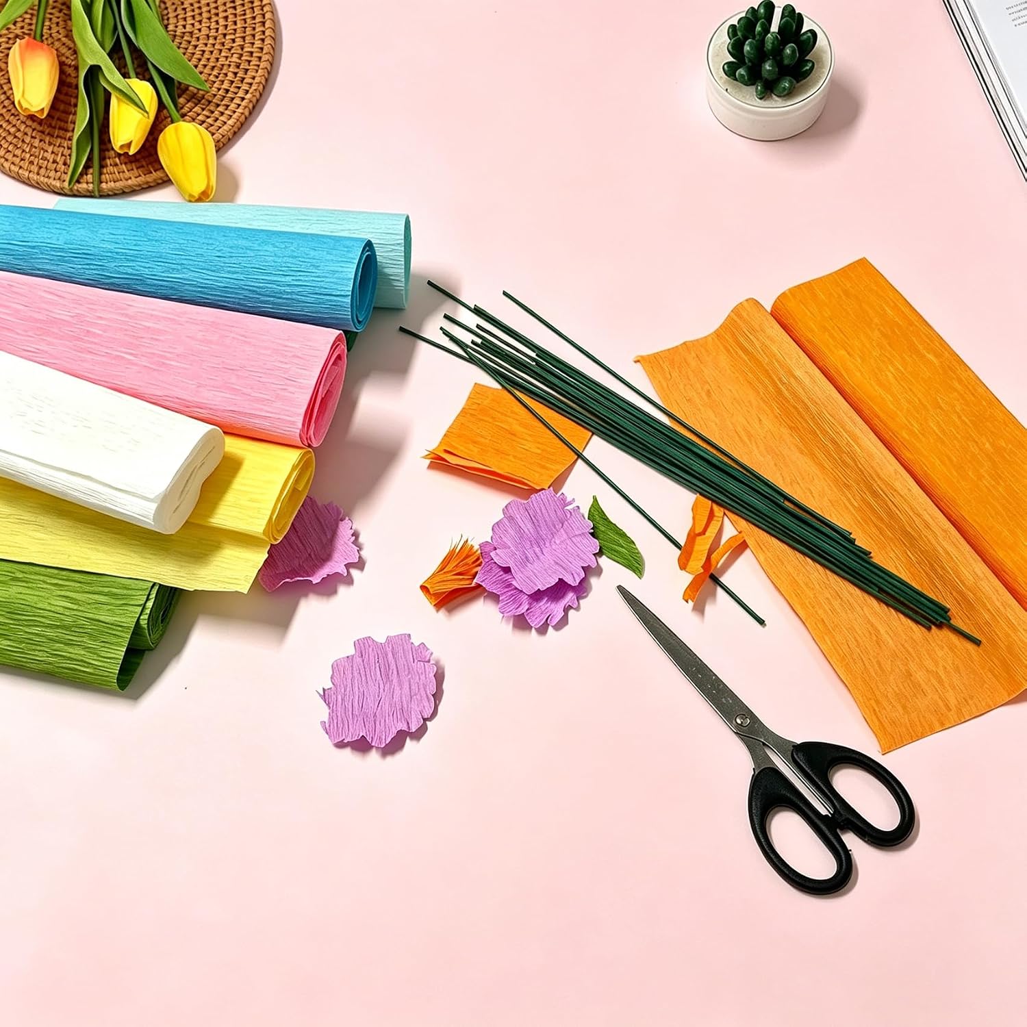 VYNFLICK Crepe Paper Flower Kit - 12 Colors Crepe Paper Rolls (10"x98"), DIY Flower Making Kit with 20 Floral Stems & 2 Floral Tapes, Craft Paper for Paper Flowers, Bouquets, Party Decorations