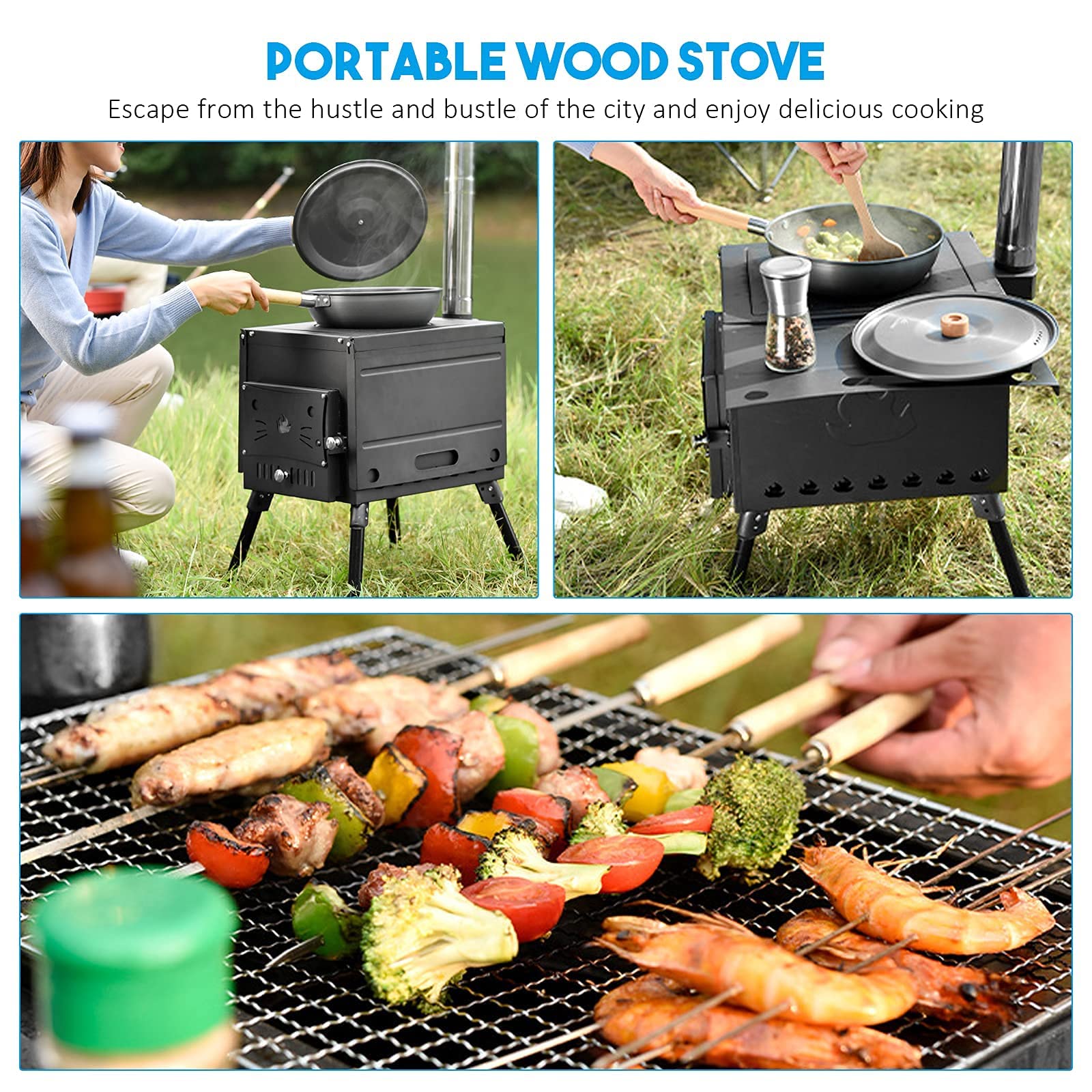 Camping Tent Stove with Chimney Pipes, Portable Wood Burning Outdoor