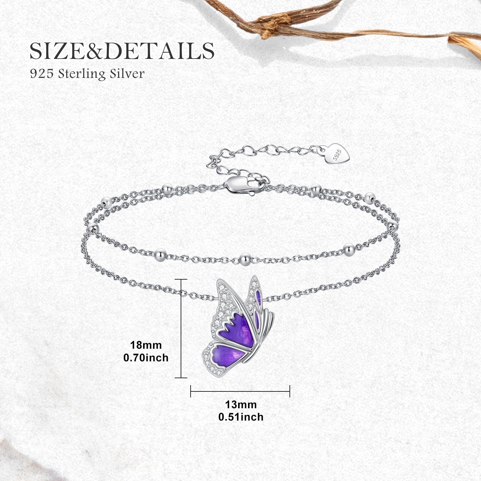 Cavigliera da donna in argento sterling 925 con farfalla colorata a doppio strato, con diamanti da laboratorio, impermeabile, regalo di compleanno