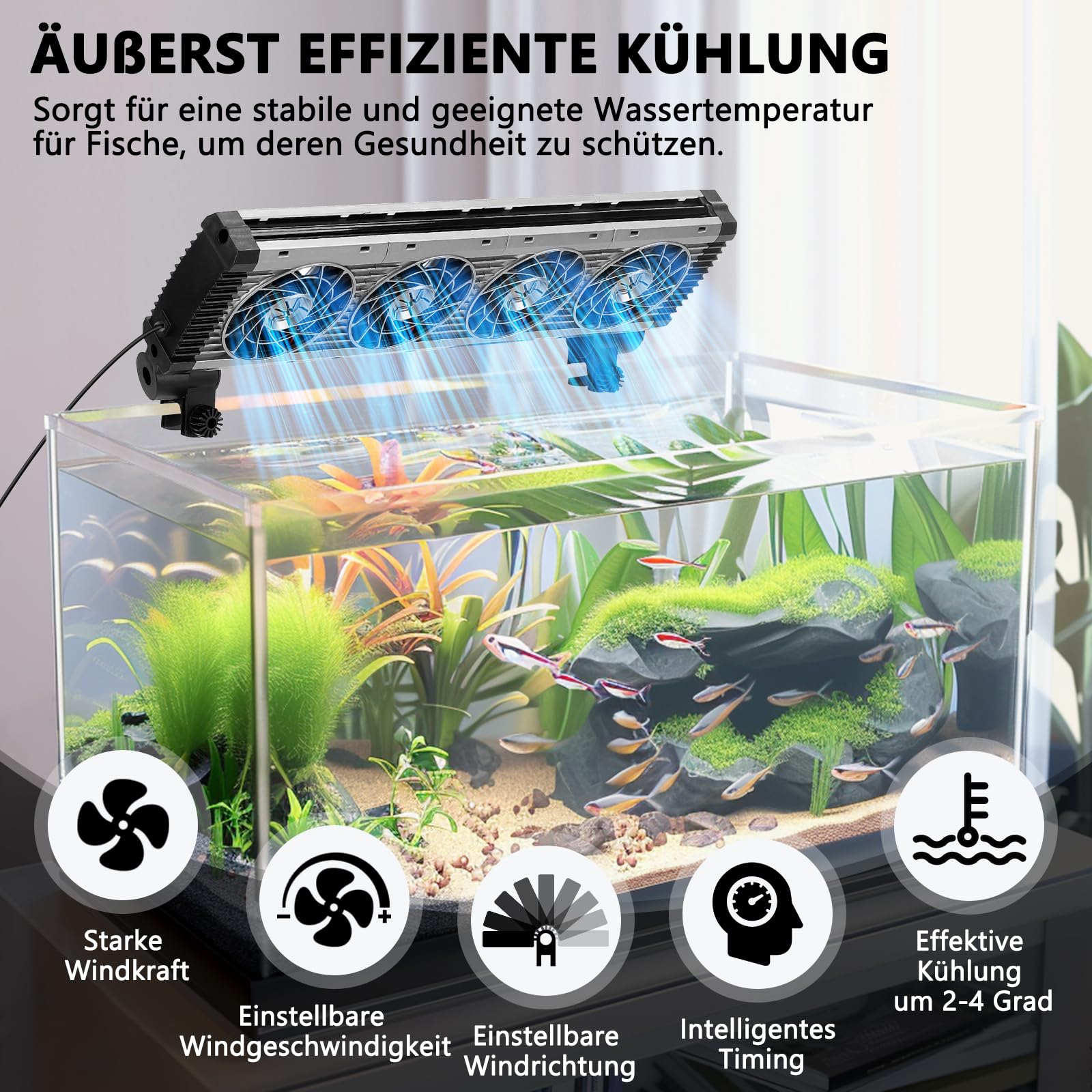 fishkeeper Chłodnica do akwariów, wentylator do akwarium, chłodnica wody akwariowej, regulowana prędkość powietrza i timer, cichy wentylator do akwariów słodkowodnych i słonowodnych do 80 cm (4