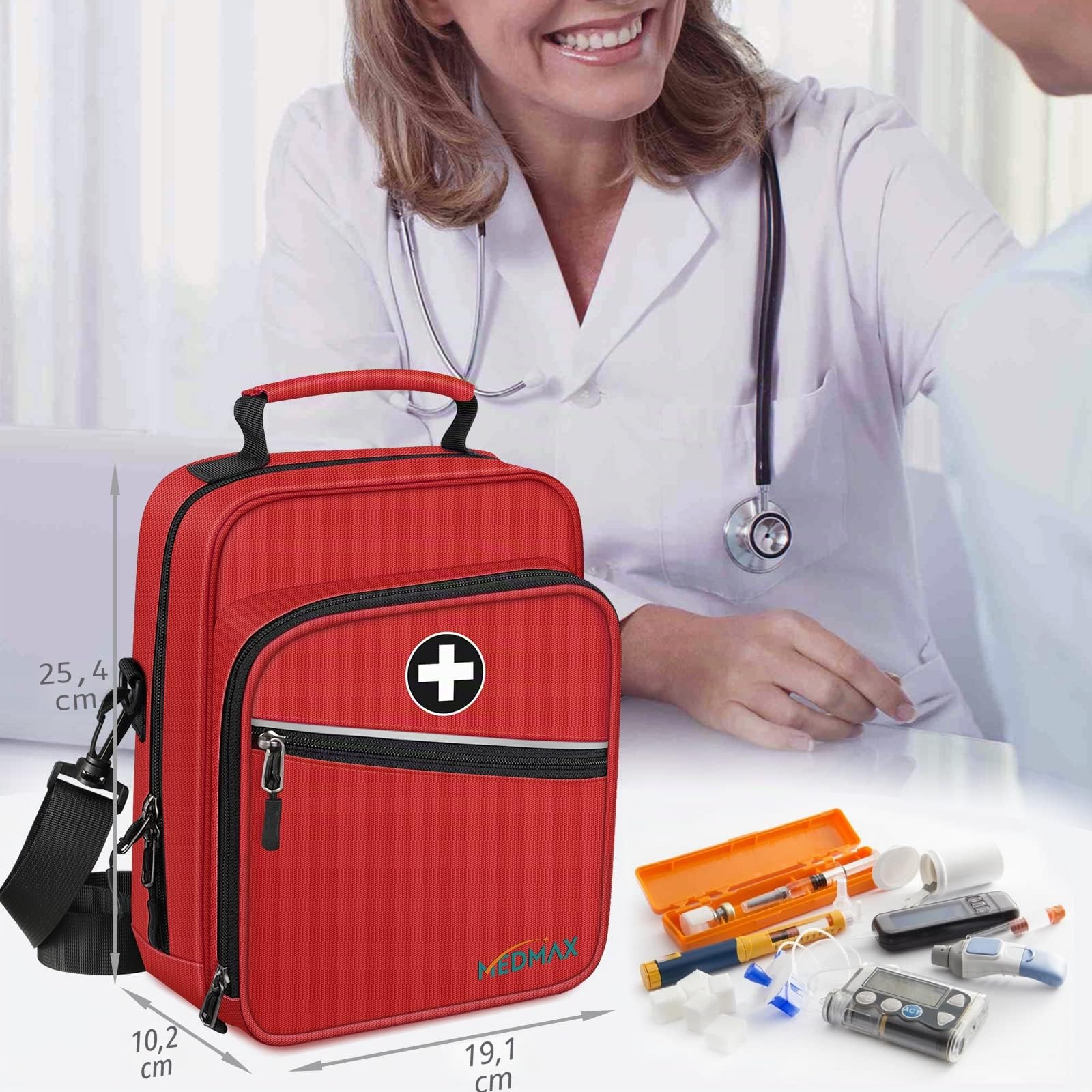 MEDMAX Borsa per Insulina da Trasporto, Isolata EpiPen Custodia da Viaggio con Tracolla, Portatile Diabete Organizer per Auvi-Q, Inalatore per Asma e Spray Nasale (Solo Borsa), Rosso