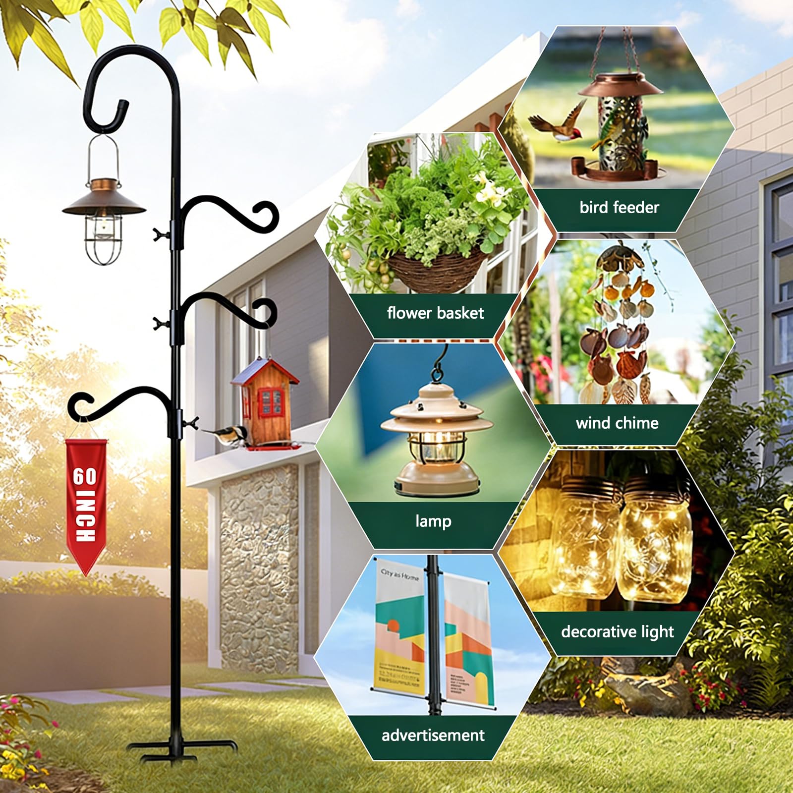 Gancio per pastore, 193 cm, gancio per il pastore da giardino, regolabile con 3 ganci resistenti alla ruggine con 5 basi pronte, set di supporto per mangiatoia per uccelli, robusto supporto per