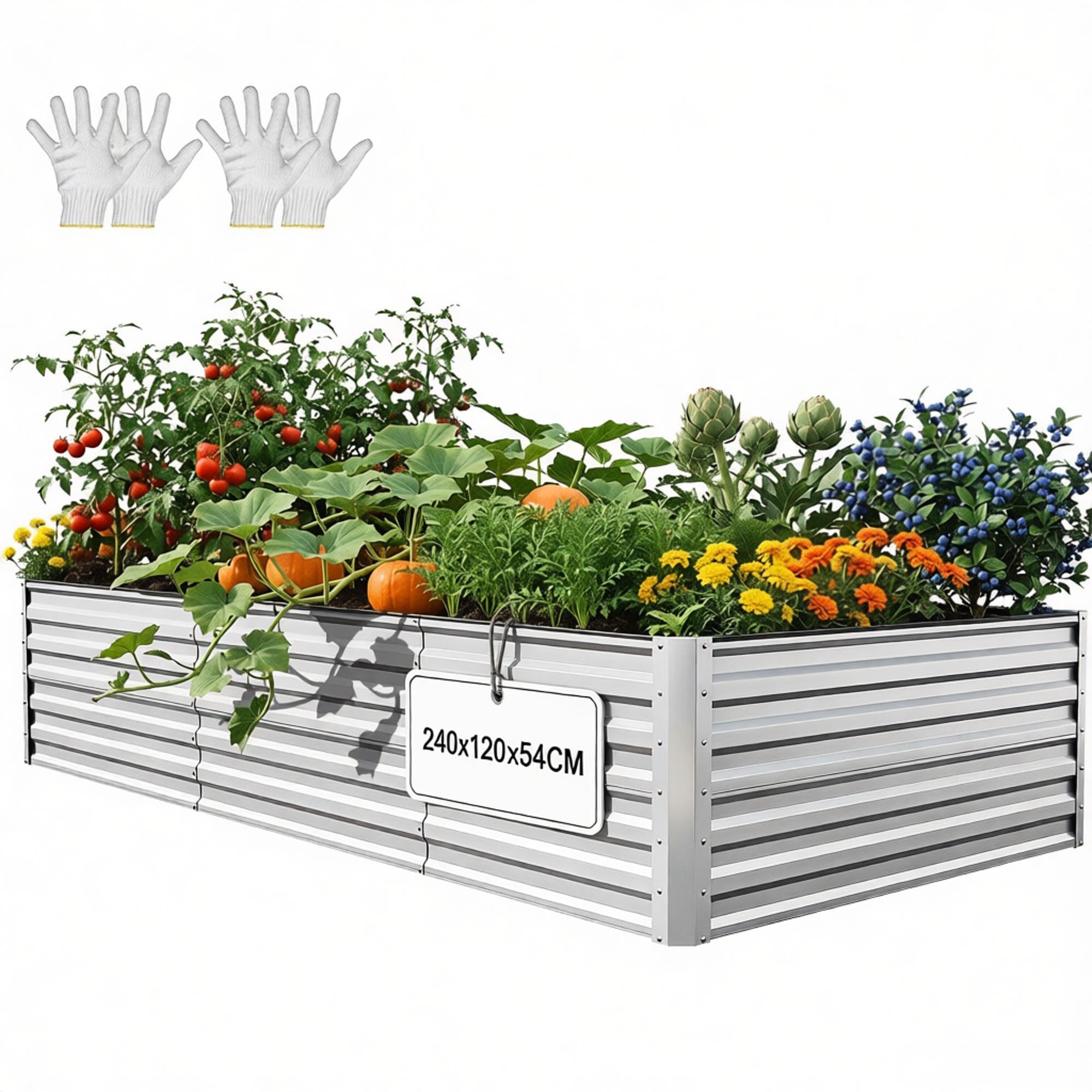 YITAHOME Raised Beds for Garden, 1550 L Raised Bed Made of Metal with 0.35 mm Galvanised Steel, Planter with Safety Edge and 4 Support Poles for Garden Fruits and Vegetables ⟮Silver, 240 x 120 x 54 cm