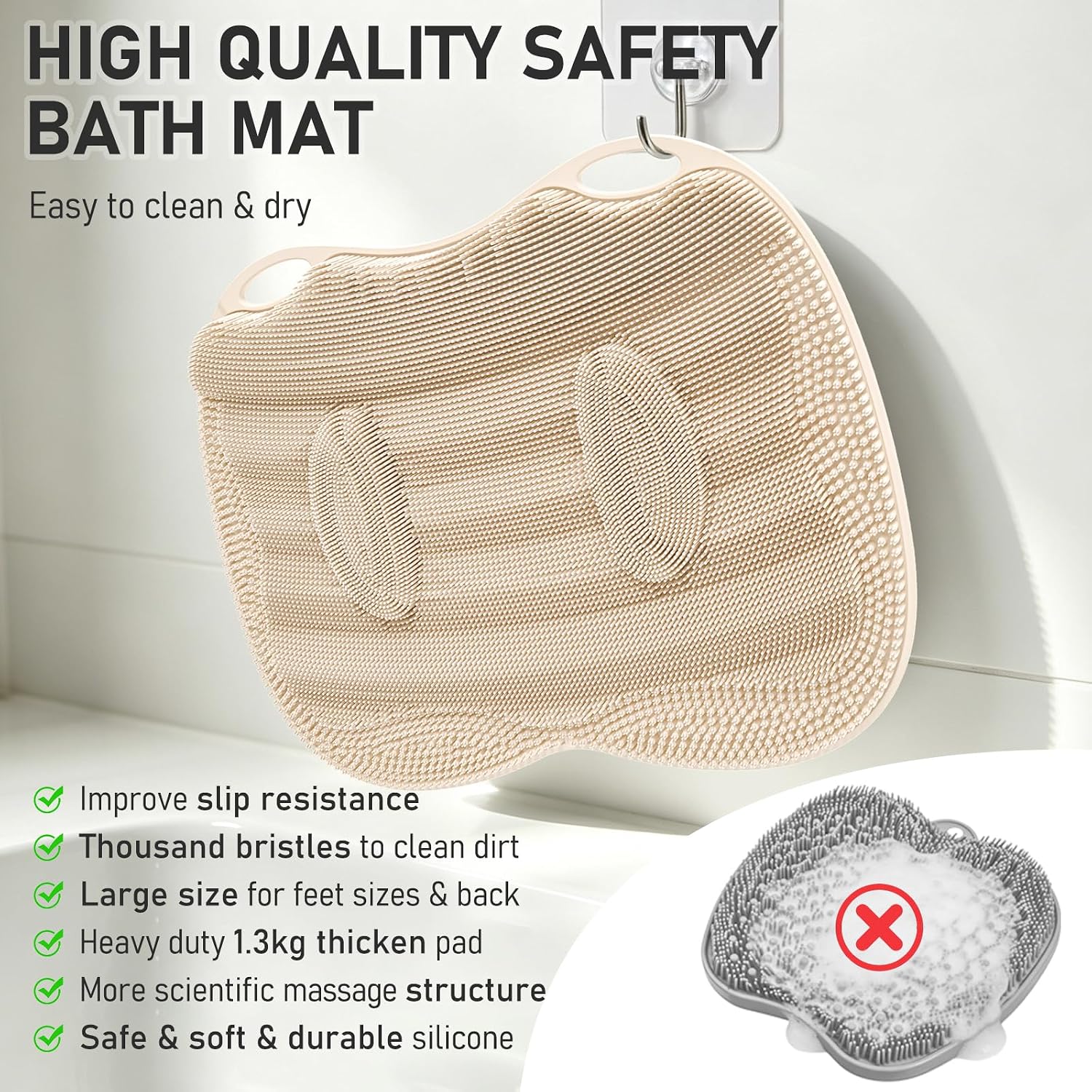 Foot Scrubber Mat for Shower Stall XL 20.5 * 16" with Non-Slip Suction Cups