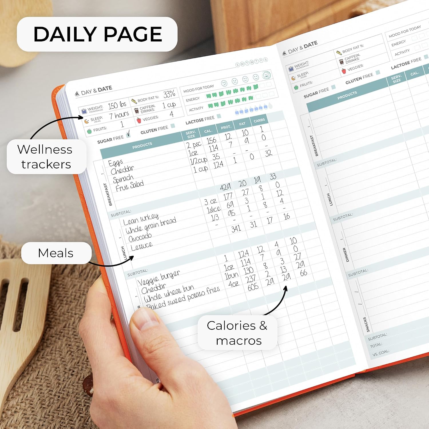 Clever Fox Food Journal - Daily Food Diary, Meal Planner to Track Calories & Nutrients, Weight Tracker Notebook, A5 (Orange)