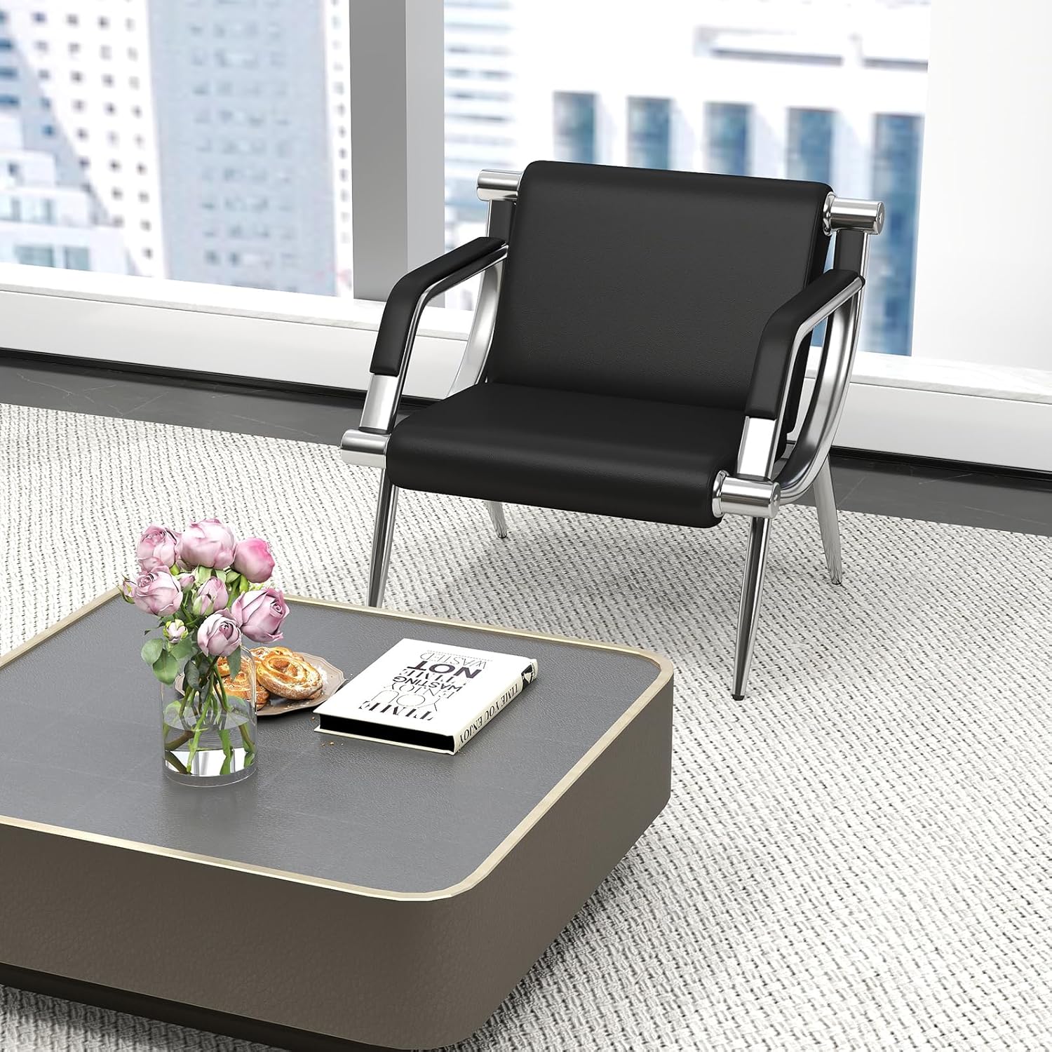 Kinfant Waiting Room Chair- Office Reception Furniture with Armrest and PU Leather Cushion, Office Guest Chair for Waiting Room Airport Hospital Bank Lobby, Black (1-seat*1)