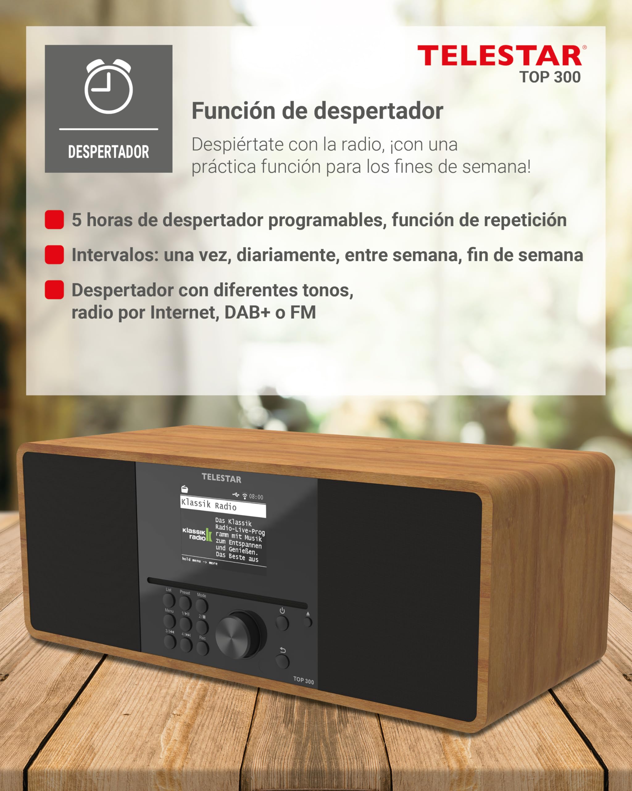 TELESTAR Top 300 – Radio Dab+/Internet con CD, estéreo – Madera | 2 × 15 W, servicios de streaming, Bluetooth audio & función de transmisión, grabación USB, sistema de alerta de emergencia