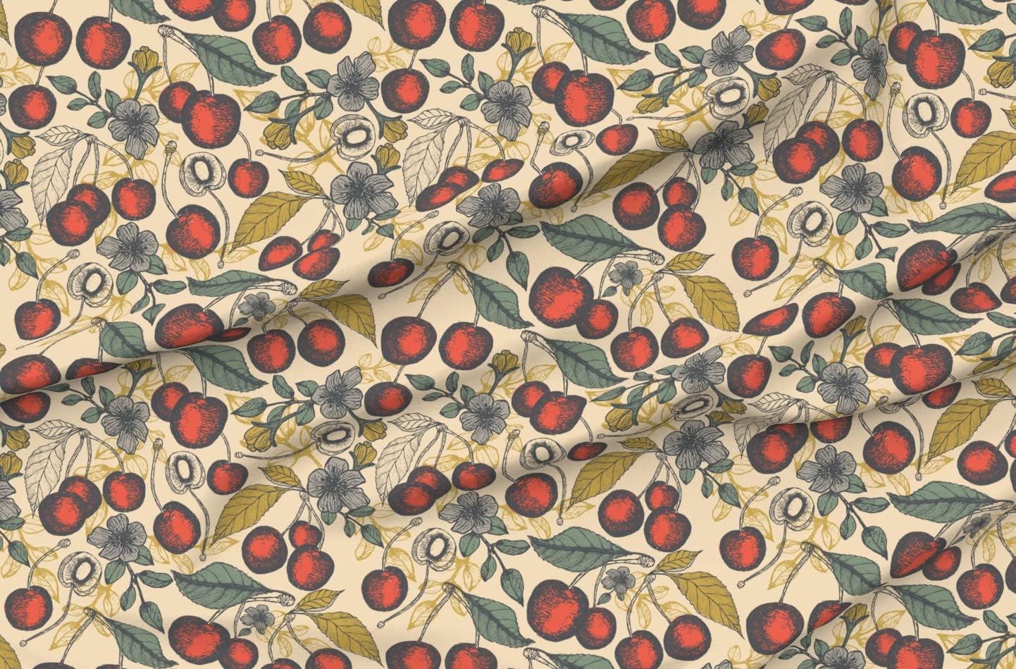 Spoonflower Fabric - Cherry Vintage Nature Fruit Botanicals Printed on Organic Cotton Sateen Fabric by The Yard - Sewing Quilting Apparel Home Decor