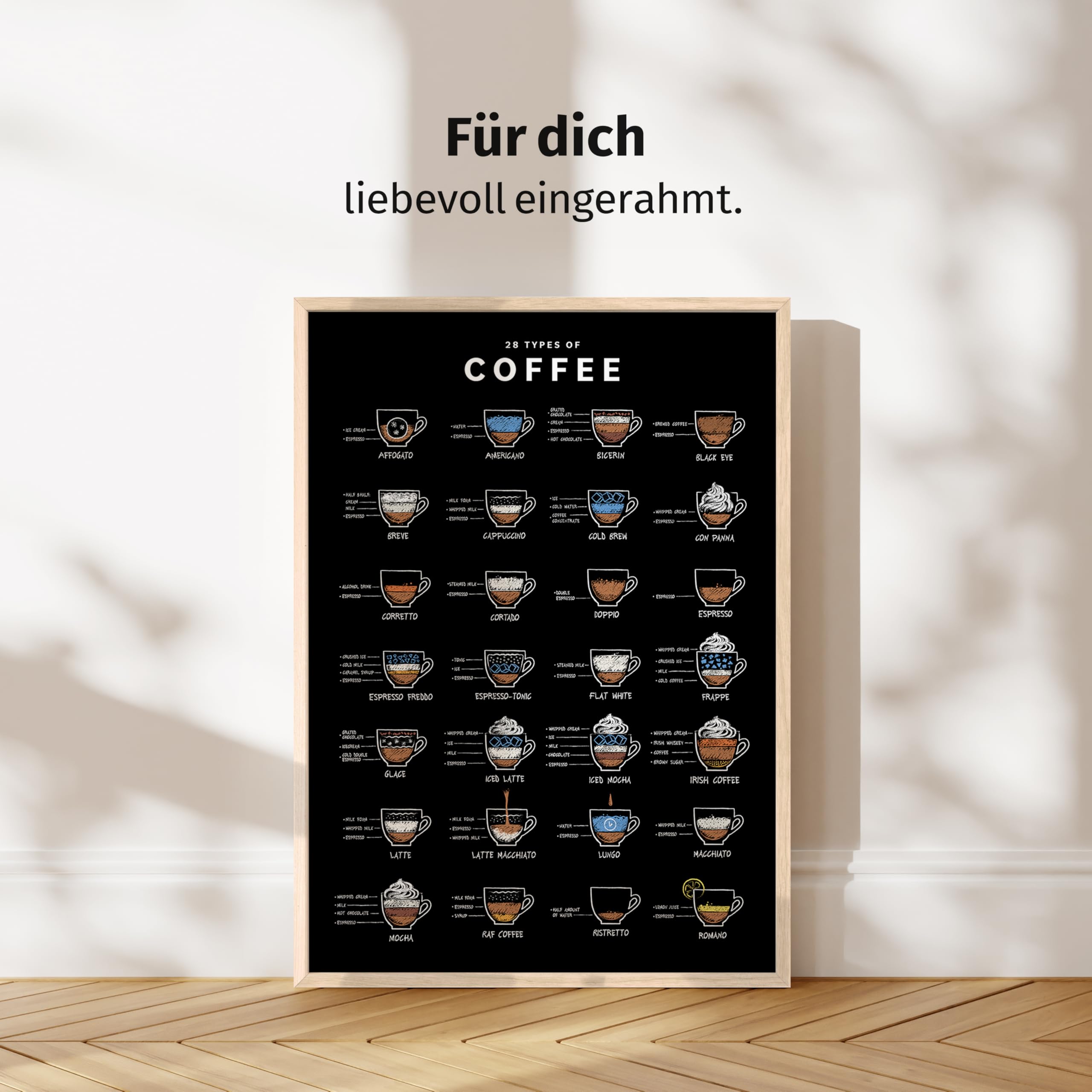 JUNOMI® Kaffee Poster DIN A2 schwarz, Rahmen Natur | 28 Kaffeesorten | Wandbild für die Küche und die Kaffeeecke, von Affogato bis Romano, als Aquarell oder in Kreidetafel-Optik
