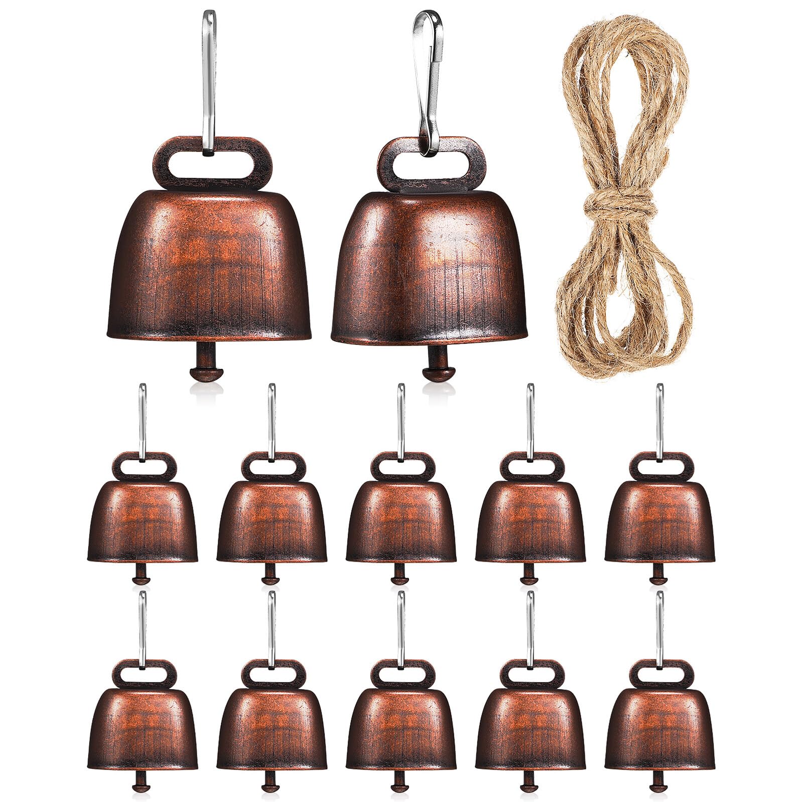 ARTIBETTER Set 12 Mini Campanacci per Mucca e Animali da Fattoria Campanaccio in Metallo Elettroplaccato Rosso Rame Fibbie e Corda Naturale 2M Campana Rustica per Pascolo di Mucche
