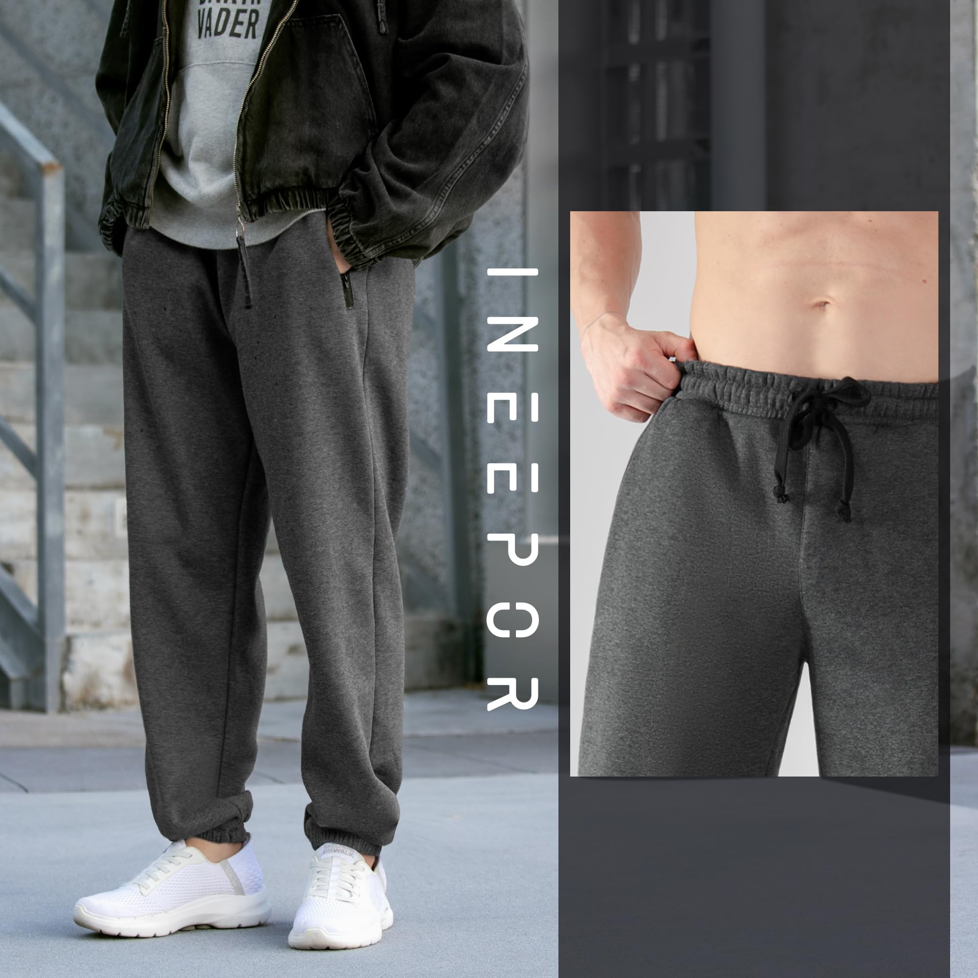ineepor Jogginghose Herren Baumwolle Thermo Dicke Breite Jogginghosen Baggy Warme Fleece Gefütterte Weit Gym Sporthosen Winter Track Pants mit reißverschluss Taschen