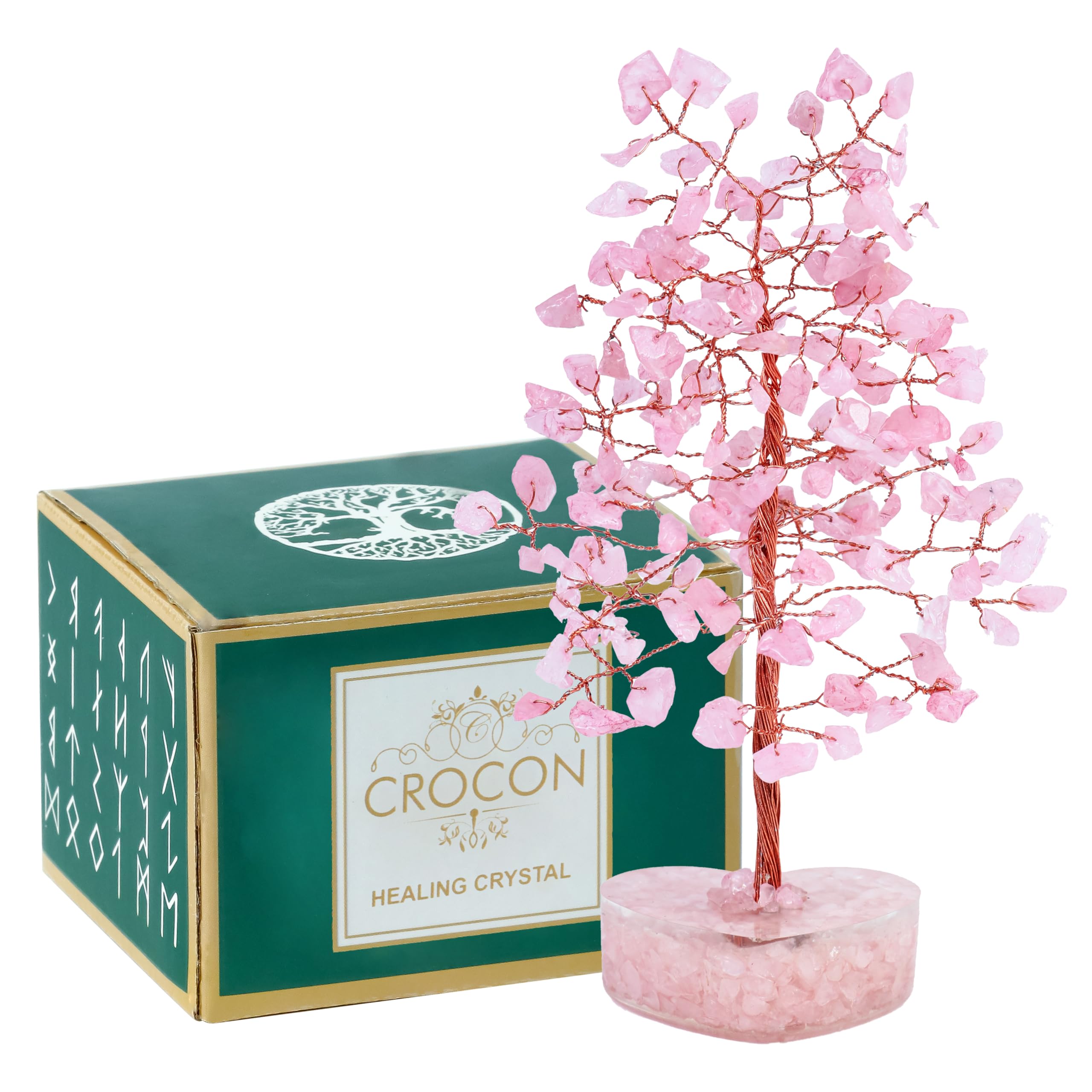 Crocon Crystals Heart Base Tree Rose Quartz Healing Stones Reiki Crystals Tree Life Spiritual Positive Energy Tree Home Room Office Desk Decor Pink Gifts for Women Men & Mom Birthday Presents Unique