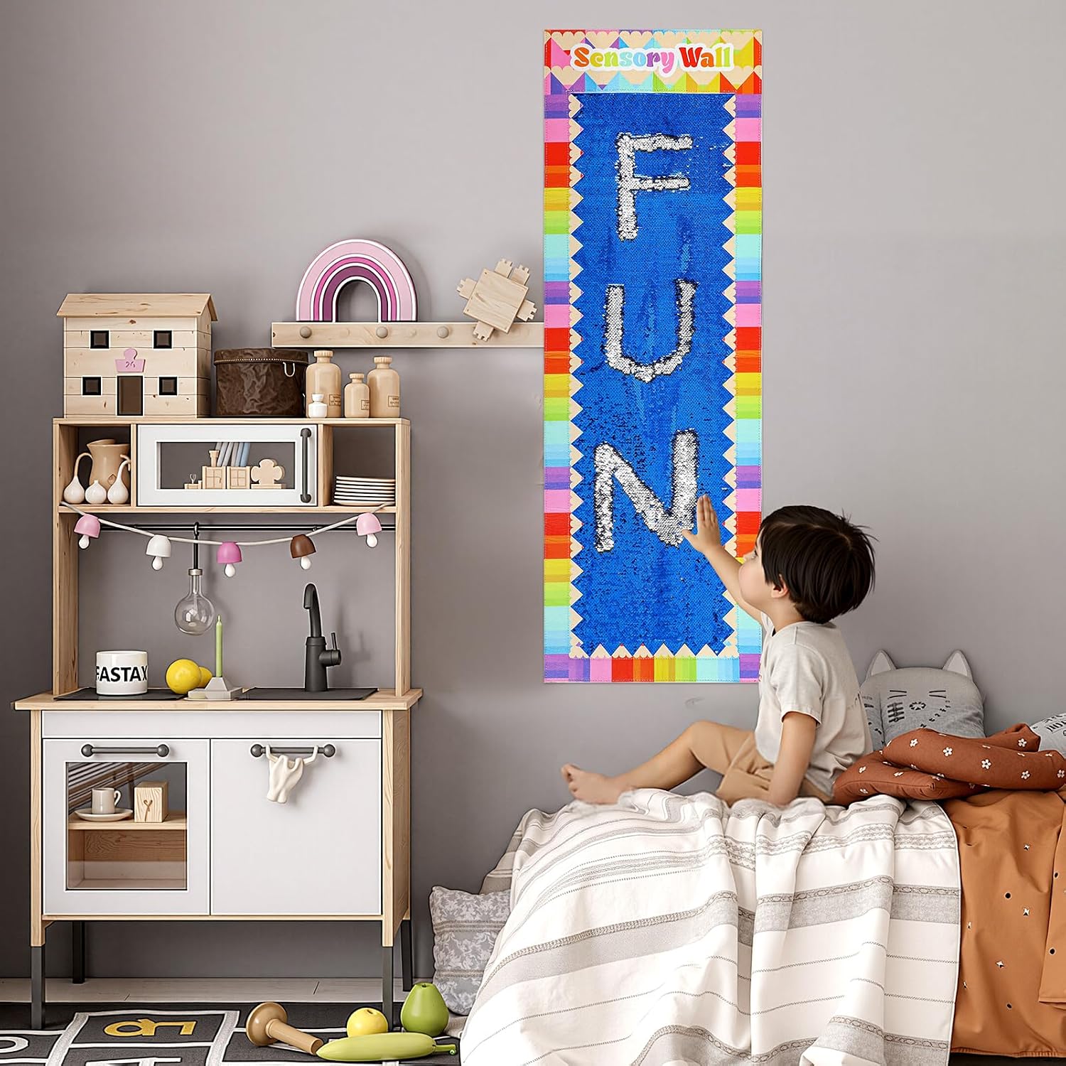 Hahafelt 47.2x15.7 in Sensory Wall Panel for Kids Sequin Flip Fabric Gift Large Sensory Graffiti Reversible Sequin Fabric for Toddler Daycare Kids Stocking Stuffer Classroom (Blue,Crayon Borders)