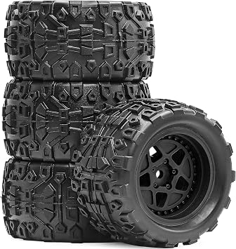 Pre-Glued 1/16 & 1/18 RC Monster Truck Tires, Soft Rubber Tire and Nylon Wheels Rims with 12mm hex Fit for ARRMA 1/18 Granite/Typhon Grom, WLtoys A949, MJX Hyper Go H16 RC Buggy, 4PCS Black
