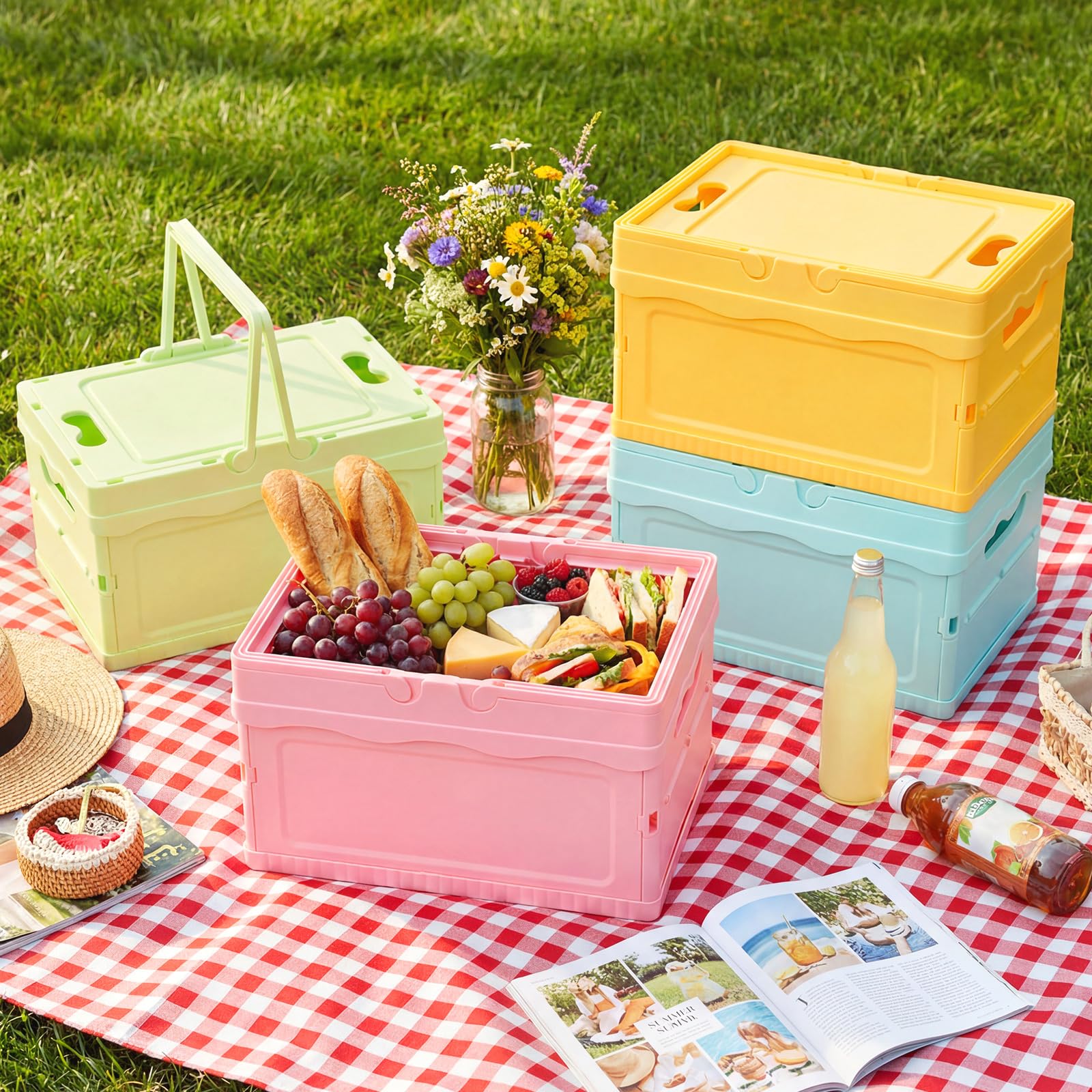 4 cajas de almacenamiento plegables con tapas, cestas de plástico plegables apilables de plástico para el hogar, cocina, oficina, baño, dormitorio, picnic (rosa, verde, azul, amarillo)