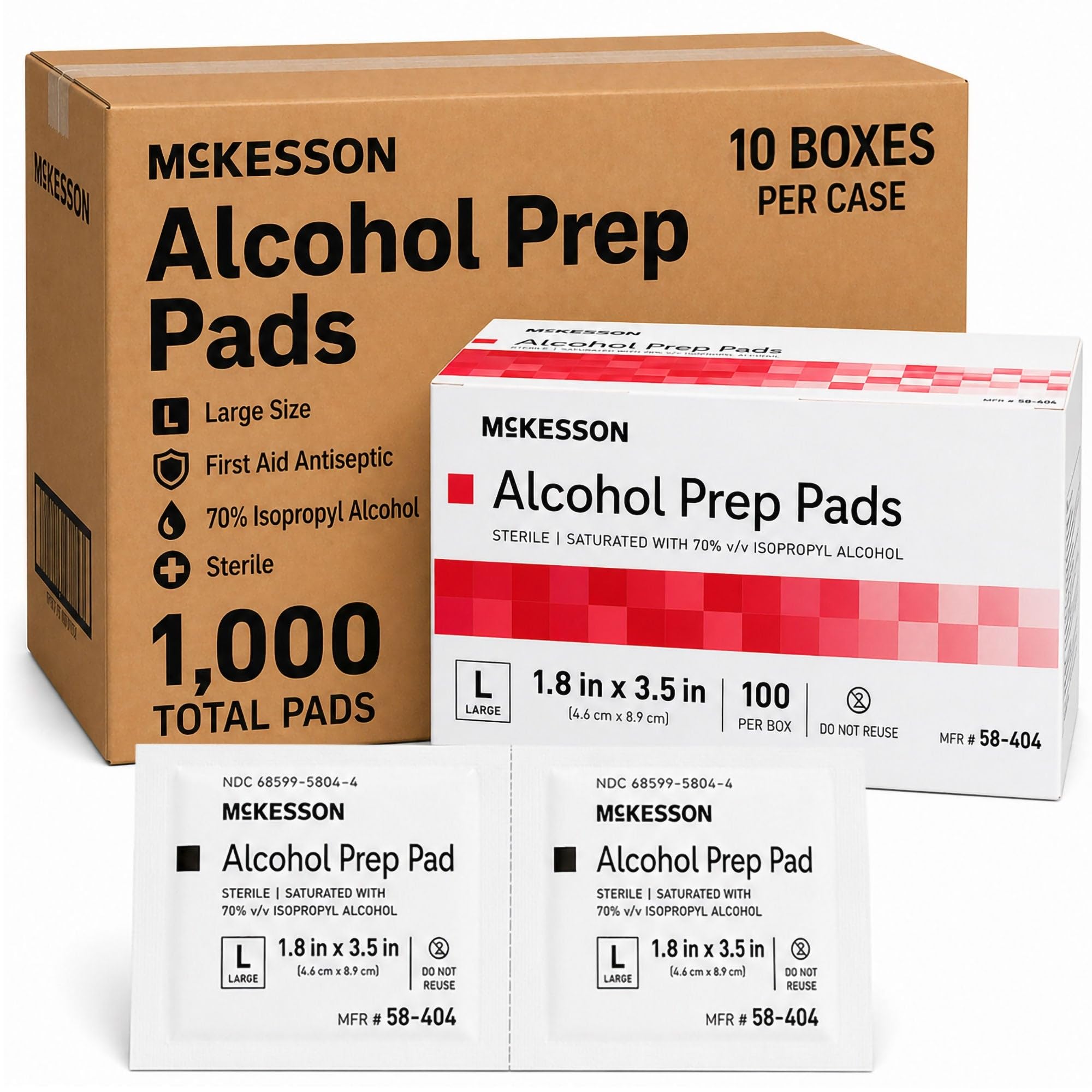 McKesson Alcohol Prep Pads, Sterile, Large Size, 2-Ply, First Aid, 1000 ct