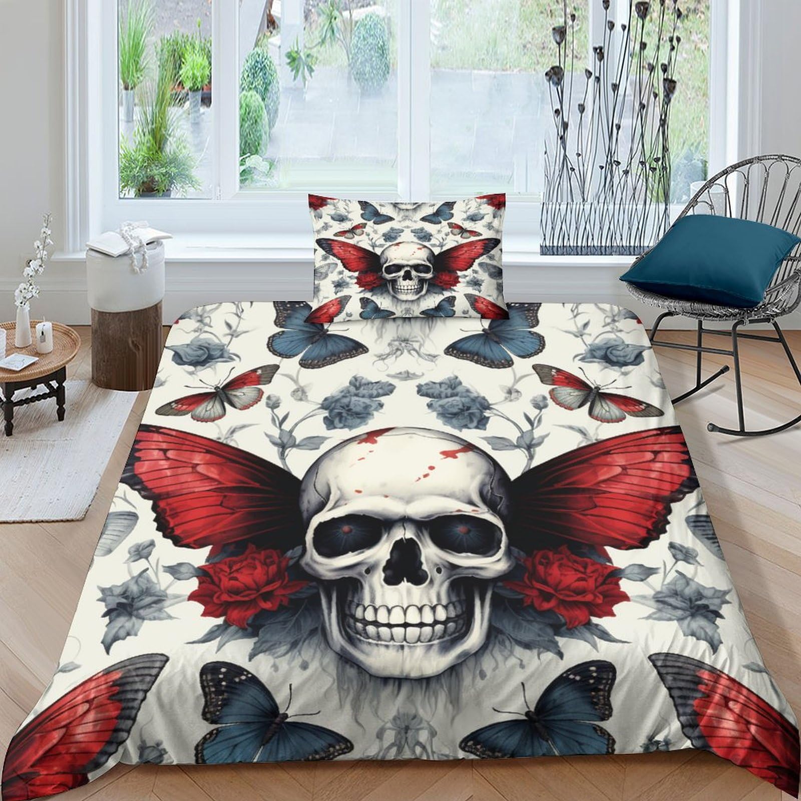 Parure de lit crâne de papillon housse couette 135x200 gothique 3D avec fermeture éclair