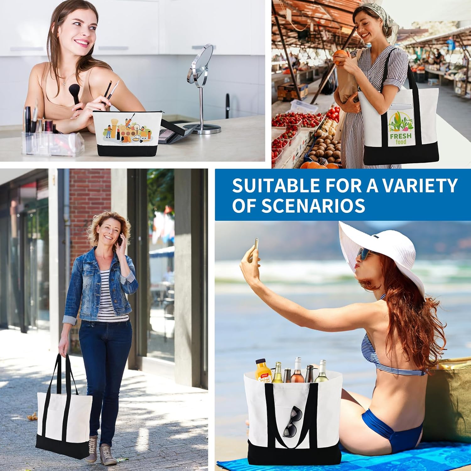 16 Pcs Canvas Tote Bags Bulk and Makeup Pouches Set, 12oz Cotton Reusable Zippered Grocery Bags with Handles, DIY Sublimation, Christmas Craft, Beach & Travel with External Pocket (Women & Men) - Image 2