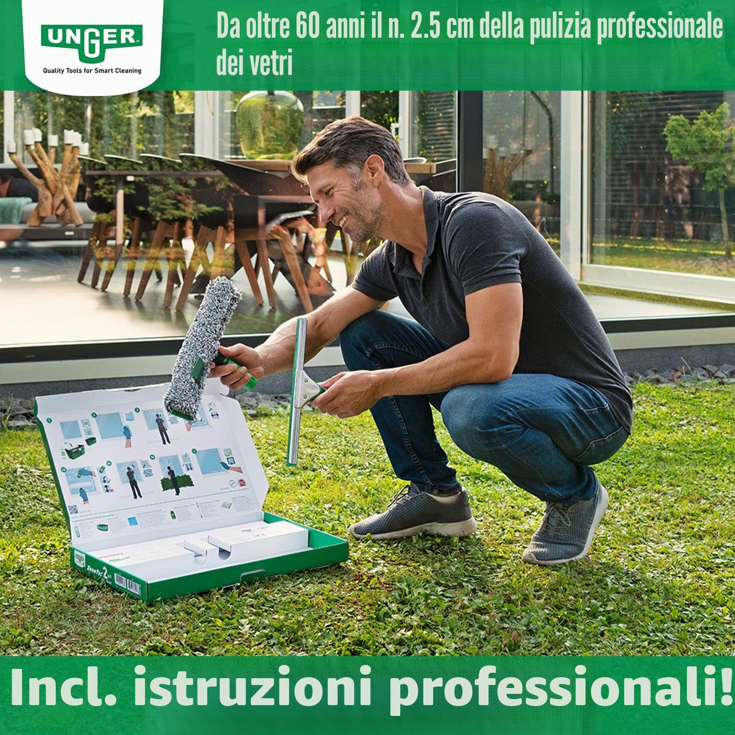 Unger Kit per la pulizia dei vetri (tergivetro, manico, copertura in microfibra, secchio da 12 L, detergente, raschietto, panno largo 35 cm) AK015