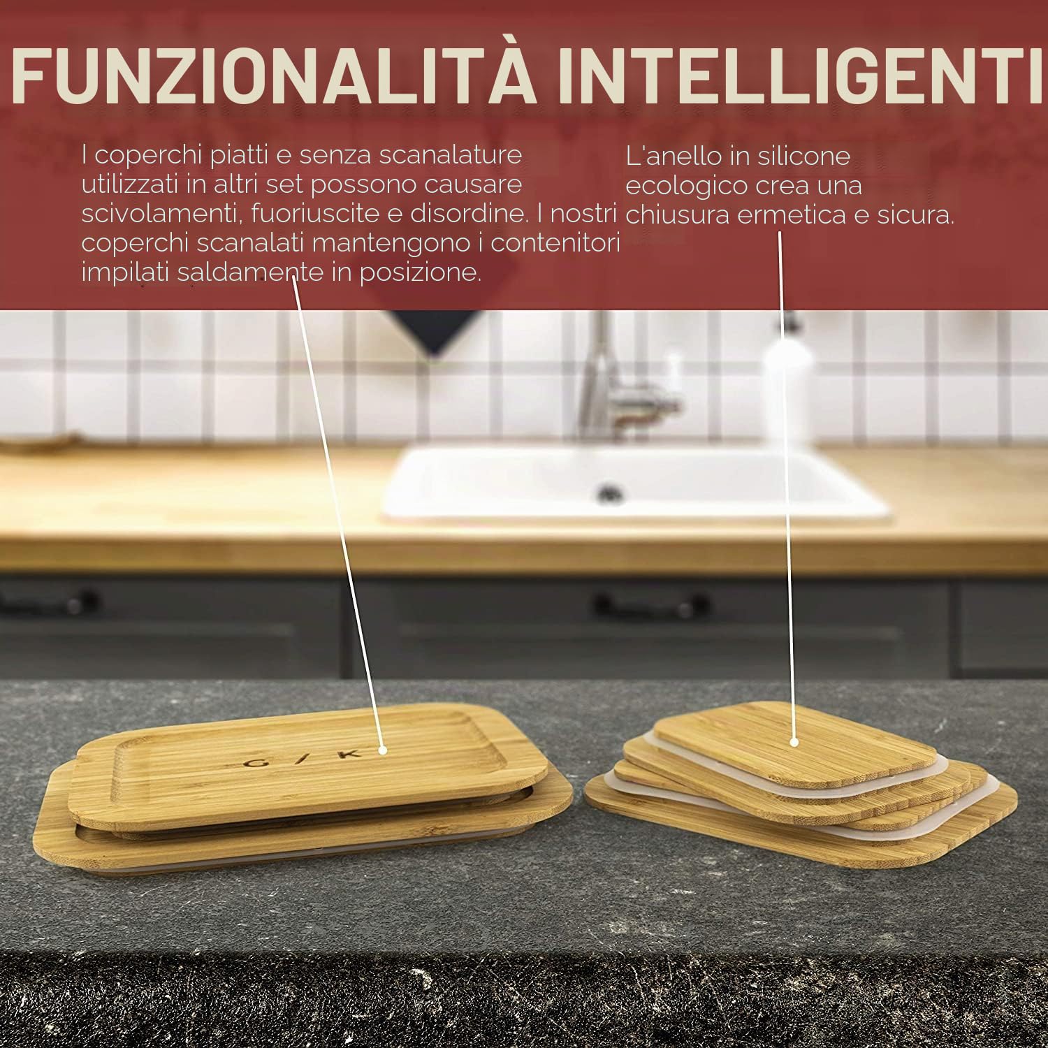 Gramercy Contenitore in Vetro per Alimenti 4x con Coperchio Bambù - Senza BPA, Anti-Perdite